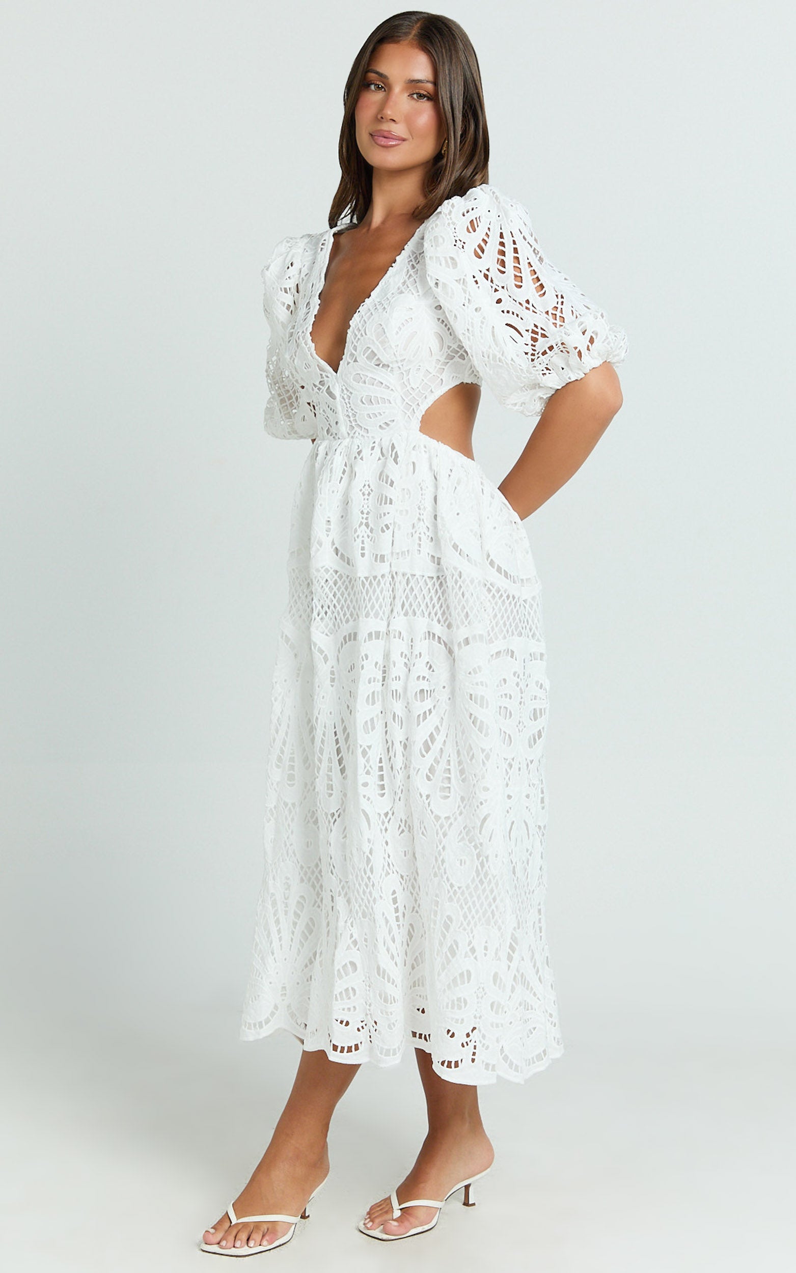 V-NECK LACE MIDI DRESS FOR WEDDING GUEST