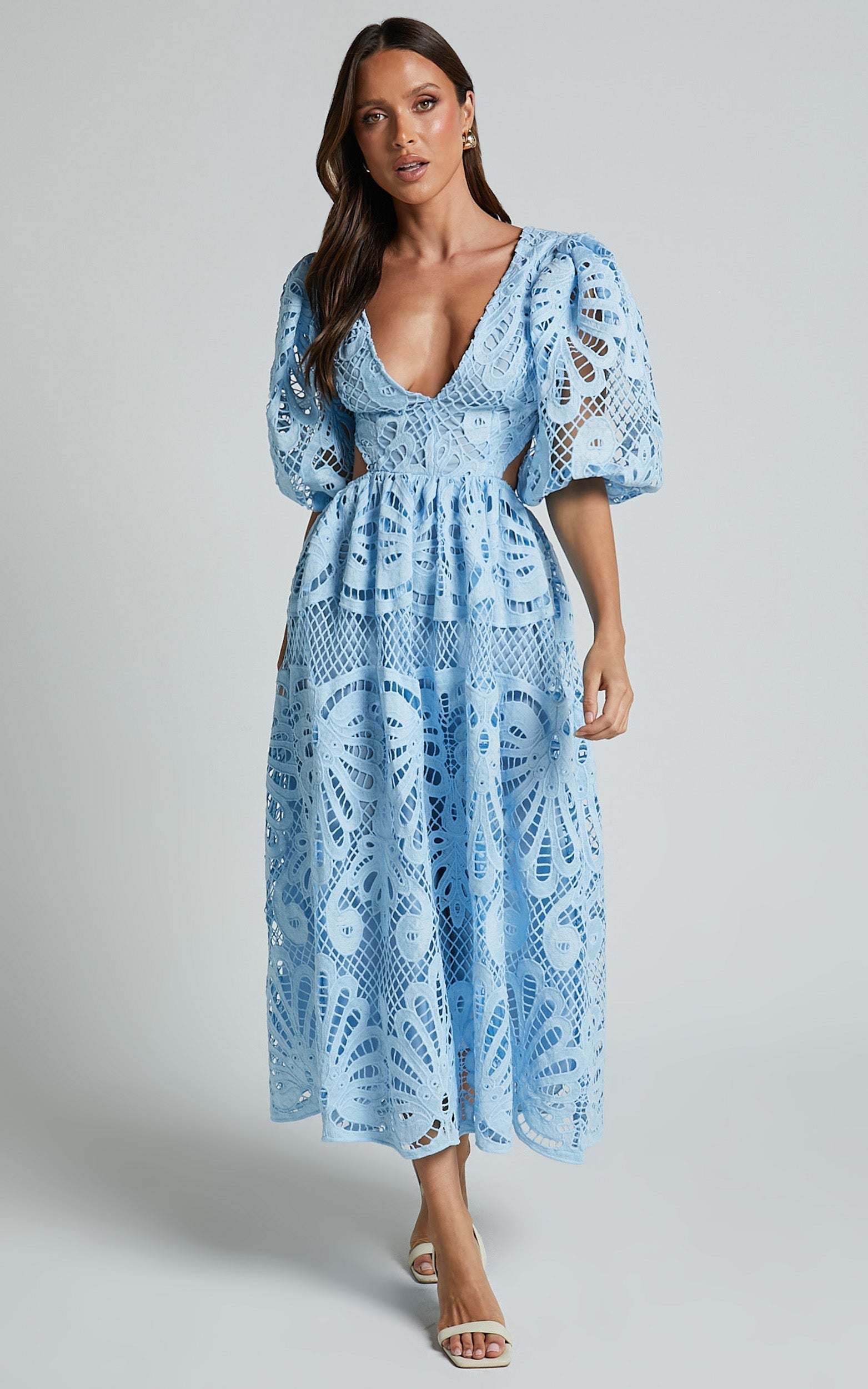 V-NECK LACE MIDI DRESS FOR WEDDING GUEST