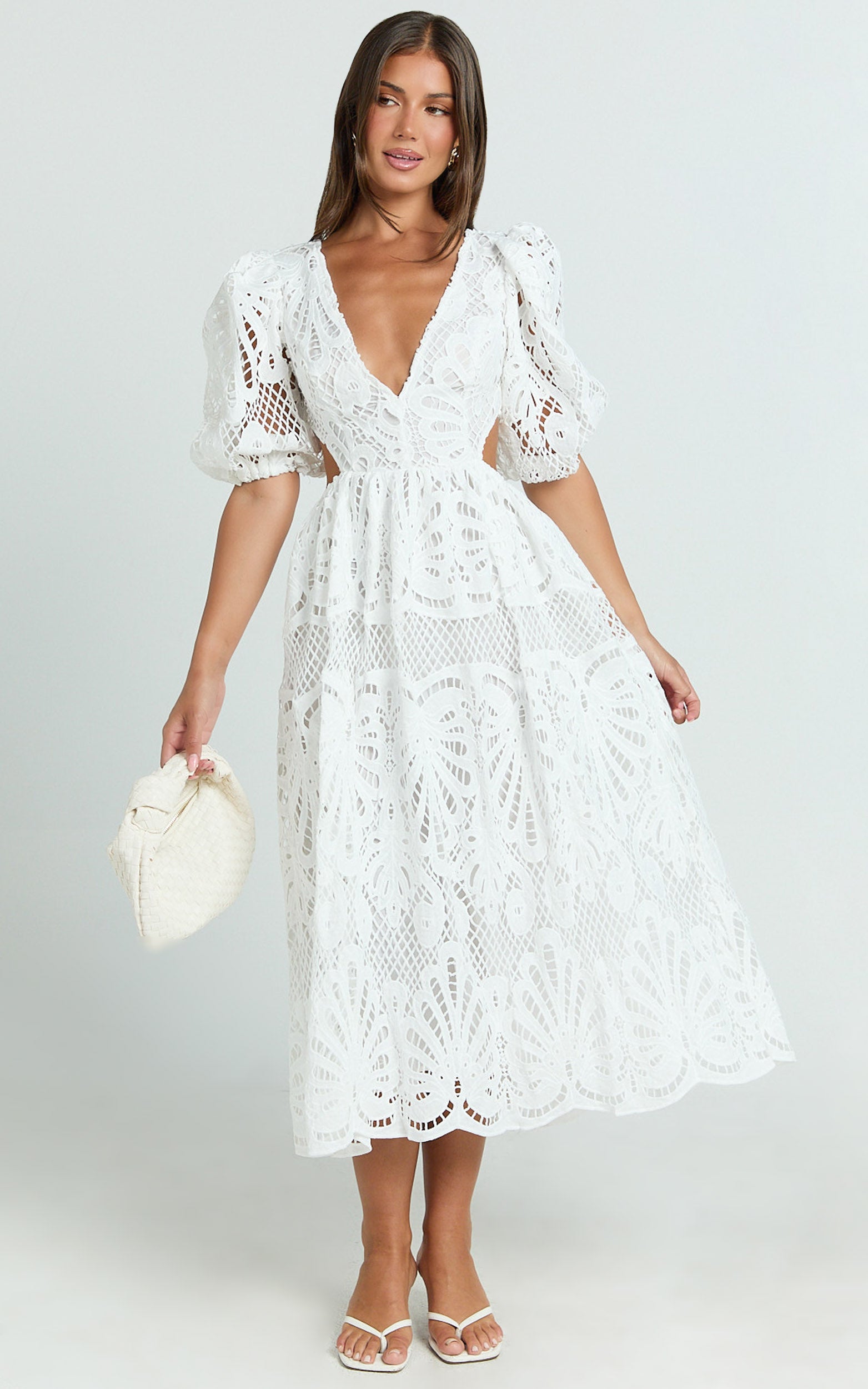 V-NECK LACE MIDI DRESS FOR WEDDING GUEST