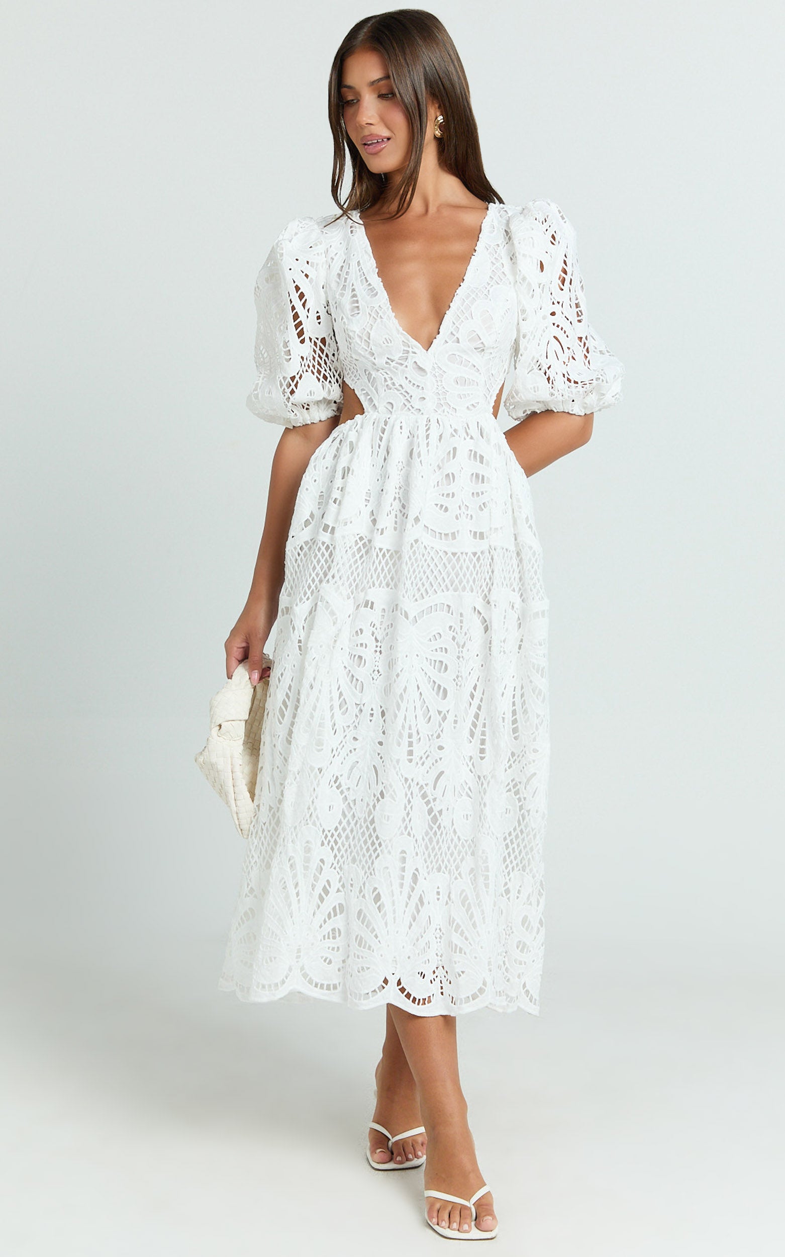 V-NECK LACE MIDI DRESS FOR WEDDING GUEST