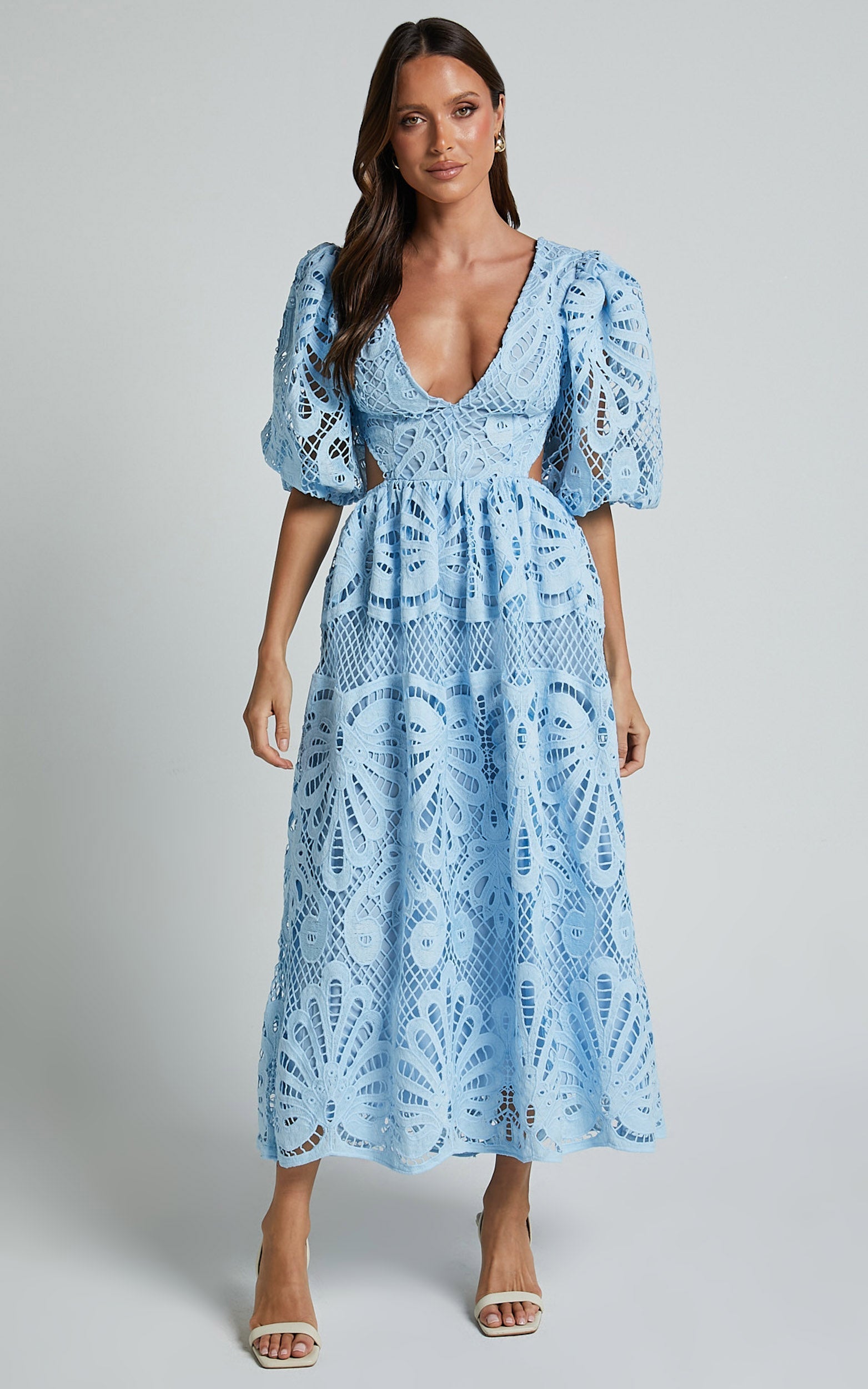 V-NECK LACE MIDI DRESS FOR WEDDING GUEST