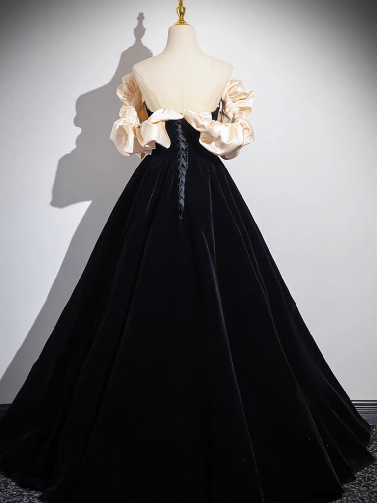 A-LINE BLACK VELVET LONG PROM GOWN