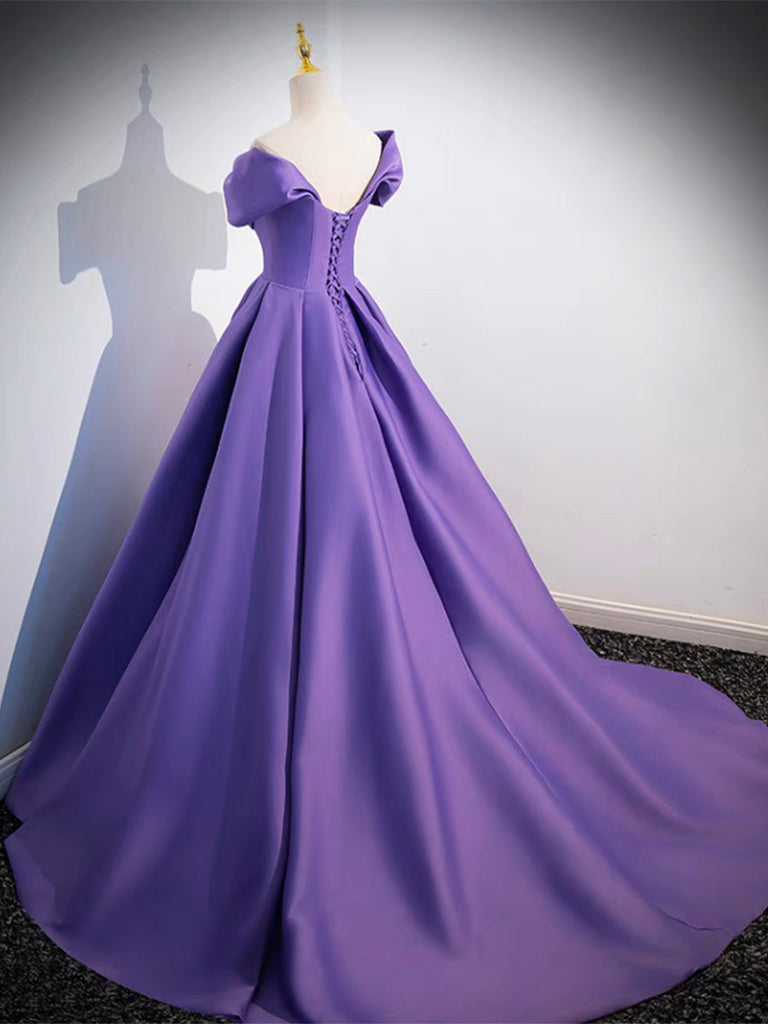 OFF SHOULDER SATIN PURPLE DRESS