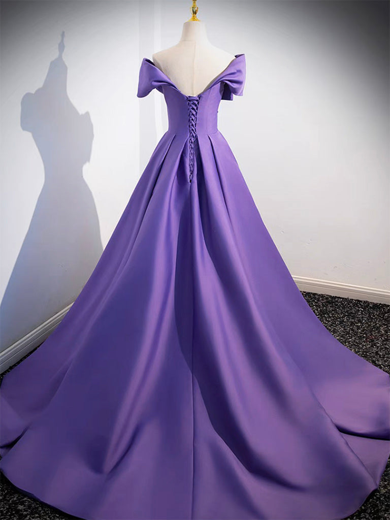 OFF SHOULDER SATIN PURPLE DRESS