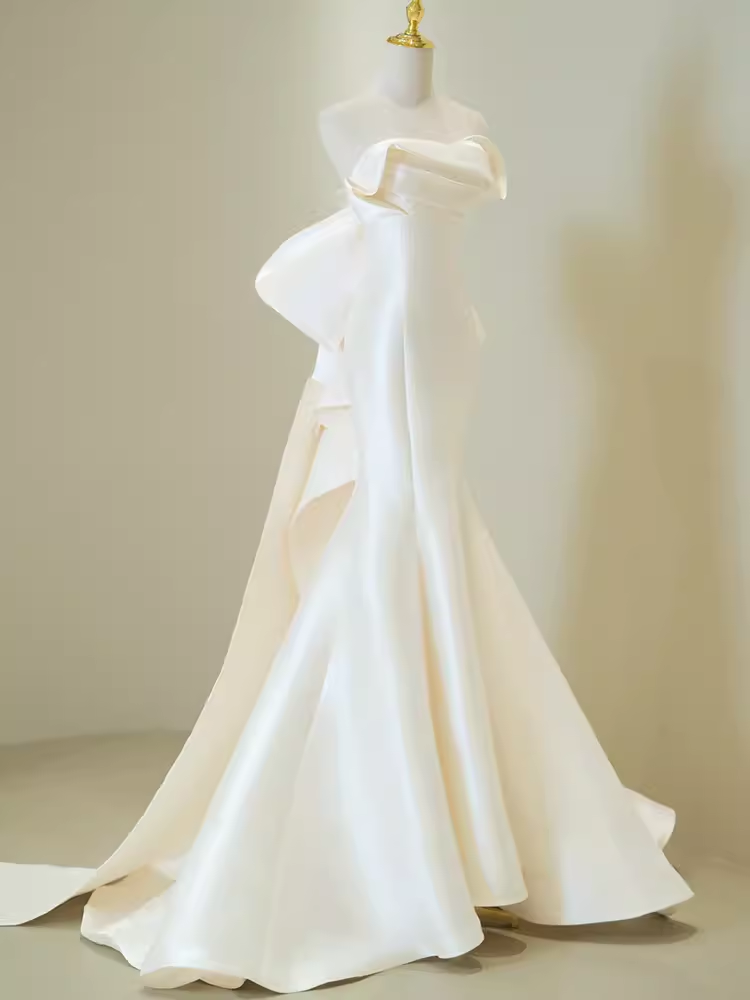 MERMAID SATIN STRAPLESS WHITE DRESS WITH BOWKNOT