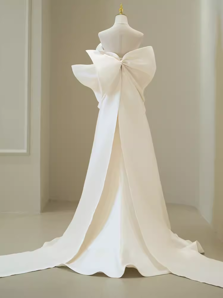 MERMAID SATIN STRAPLESS WHITE DRESS WITH BOWKNOT