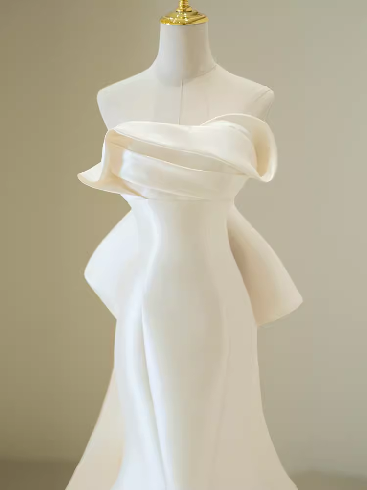 MERMAID SATIN STRAPLESS WHITE DRESS WITH BOWKNOT