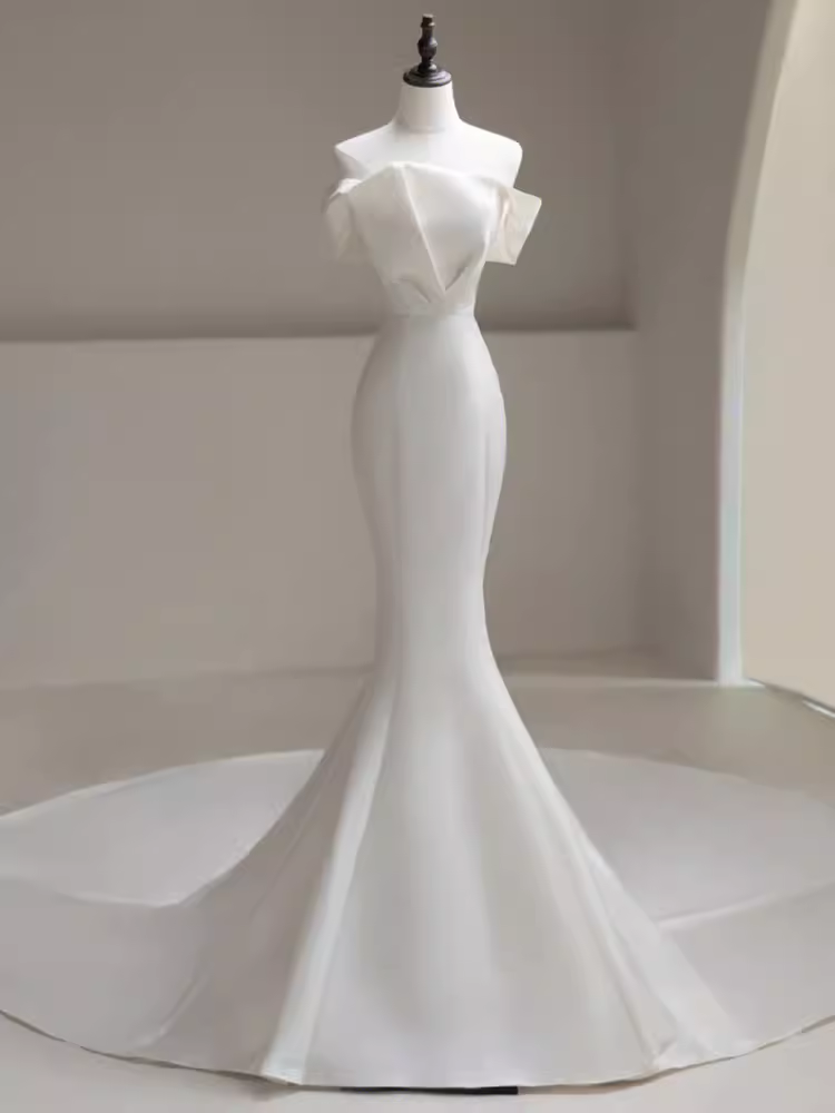 WHITE SATIN MERMAID OFF SHOULDER WEDDING DRESS