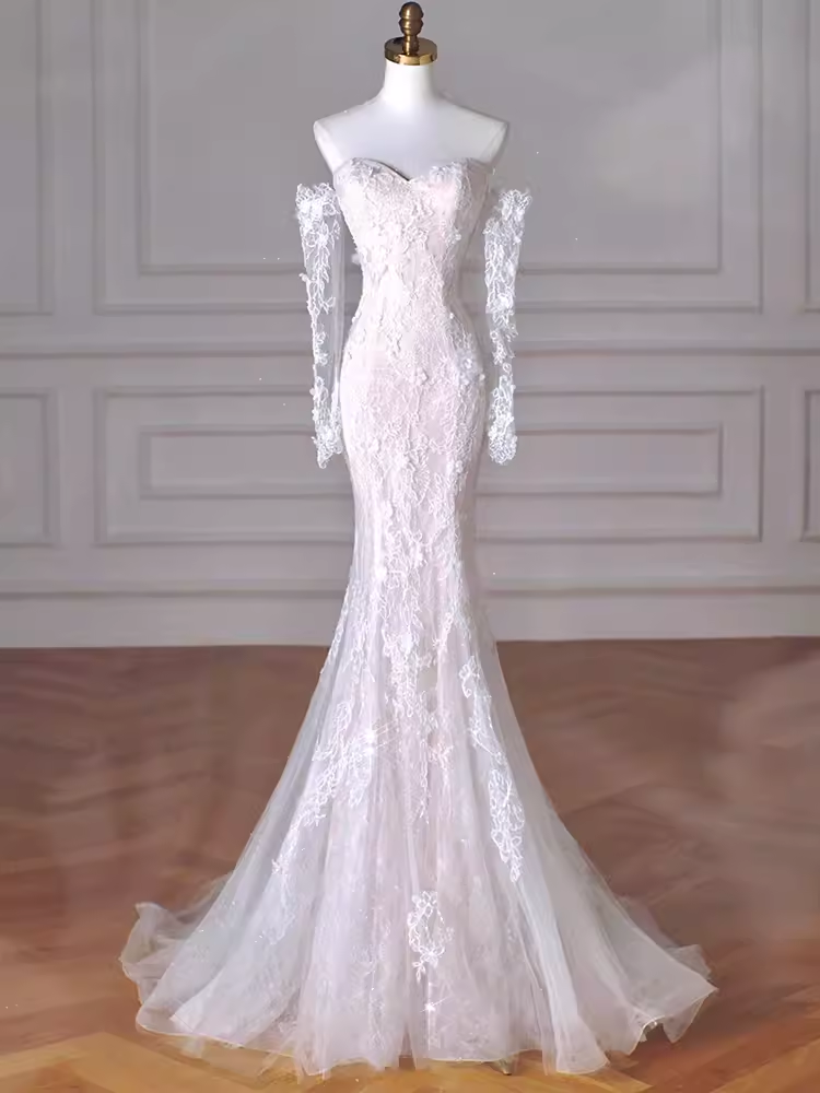 MERMAID STRAPLESS WHITE LACE WEDDING MAXI DRESS