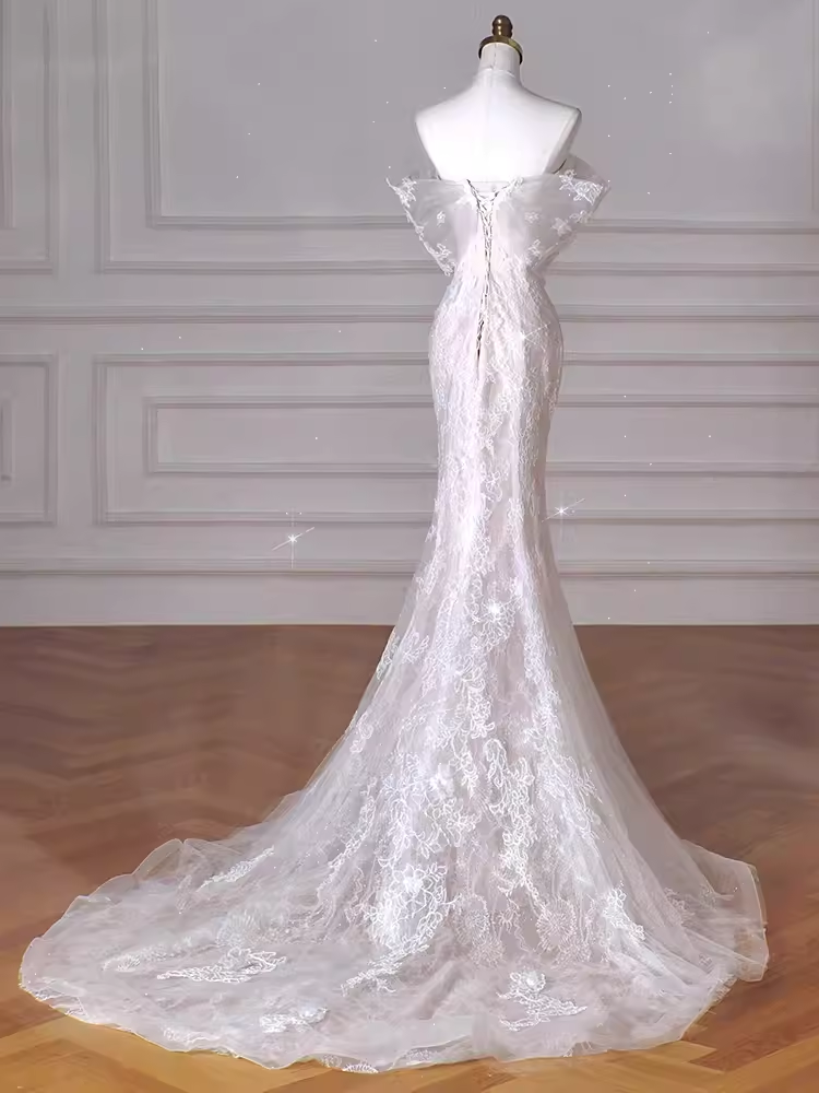MERMAID STRAPLESS WHITE LACE WEDDING MAXI DRESS