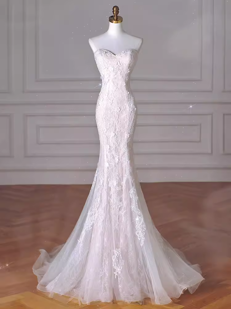 MERMAID STRAPLESS WHITE LACE WEDDING MAXI DRESS