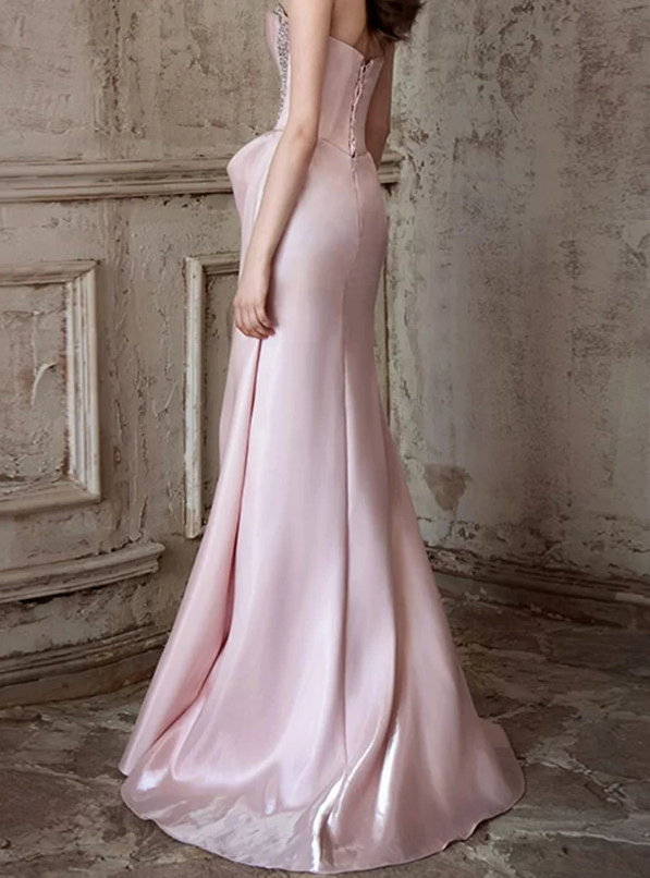 MERMAID STRAPLESS RUCHED BEADED PINK PROM GOWN