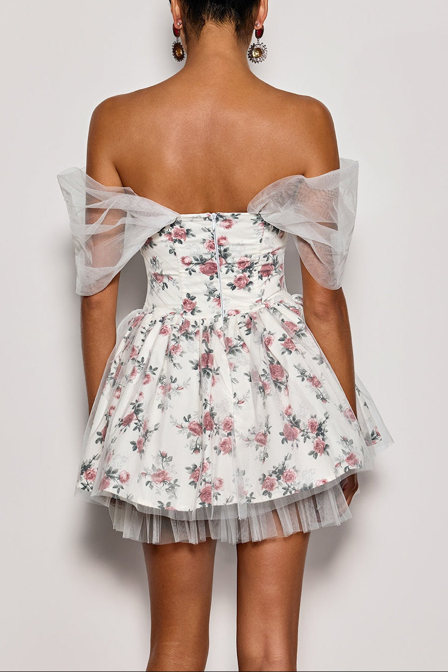 OFF-SHOULDER FLOWER TULLE MINI DRESS WHITE