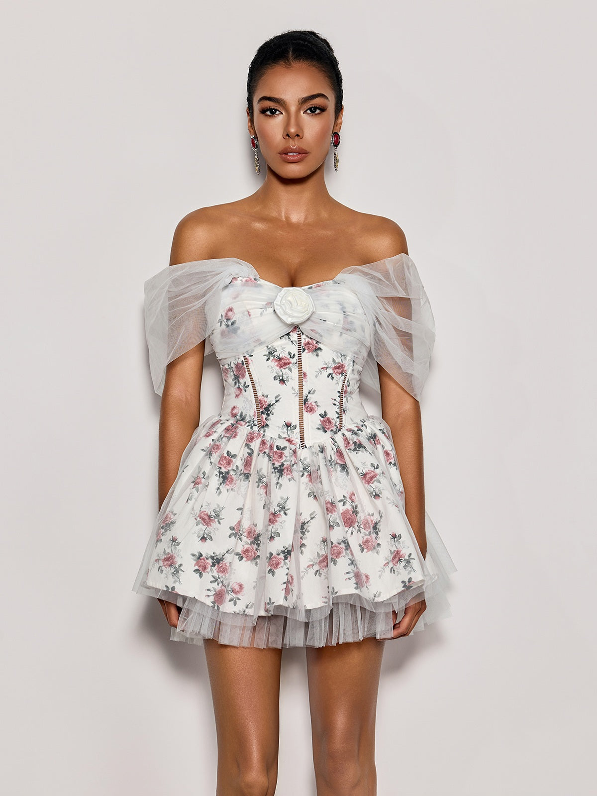 OFF-SHOULDER FLOWER TULLE MINI DRESS WHITE