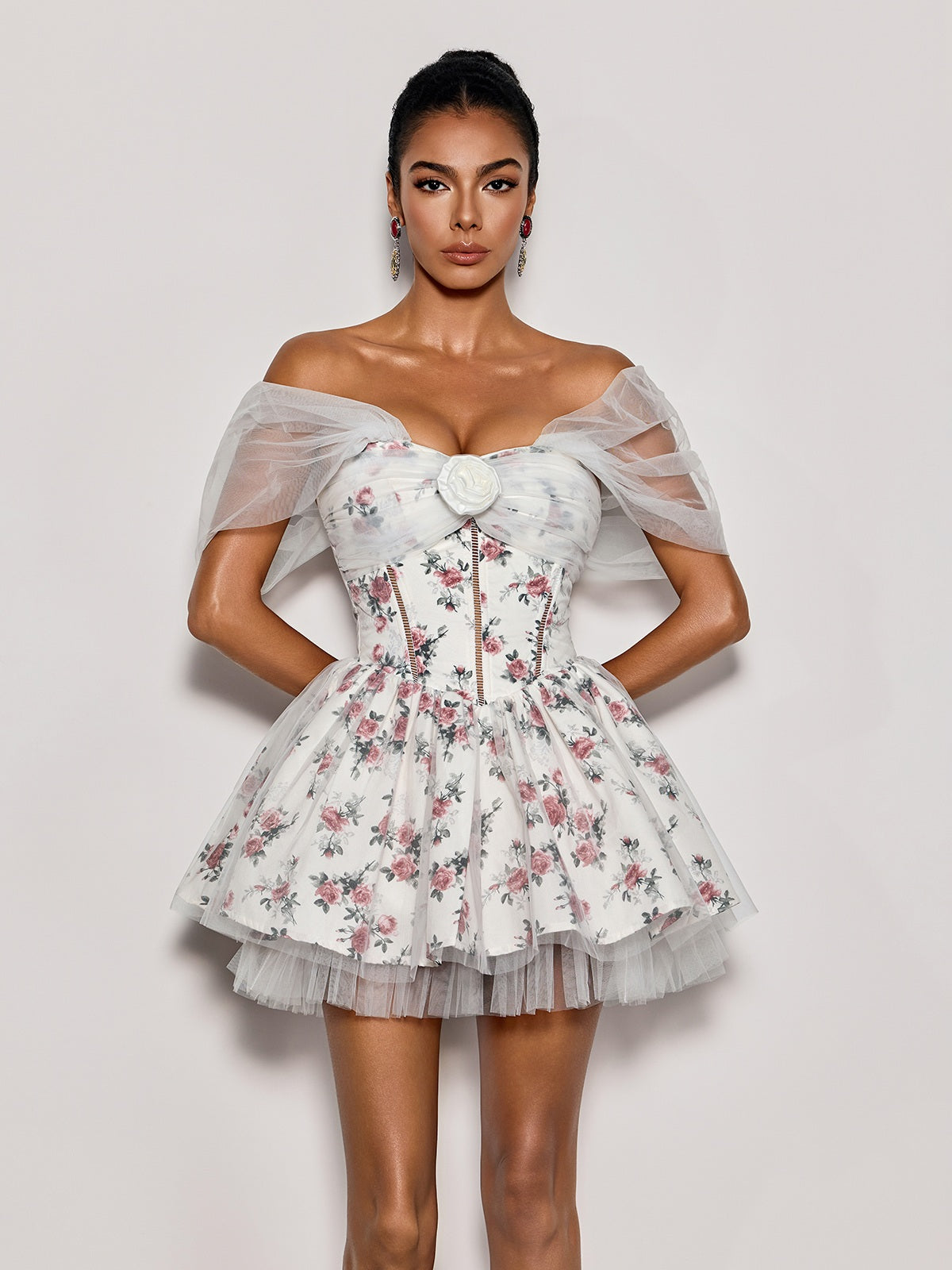 OFF-SHOULDER FLOWER TULLE MINI DRESS WHITE