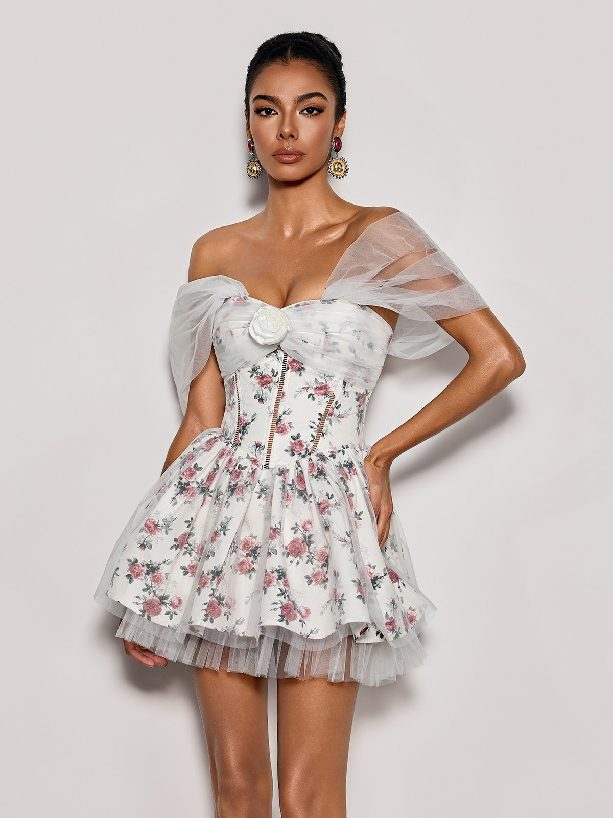 OFF-SHOULDER FLOWER TULLE MINI DRESS WHITE