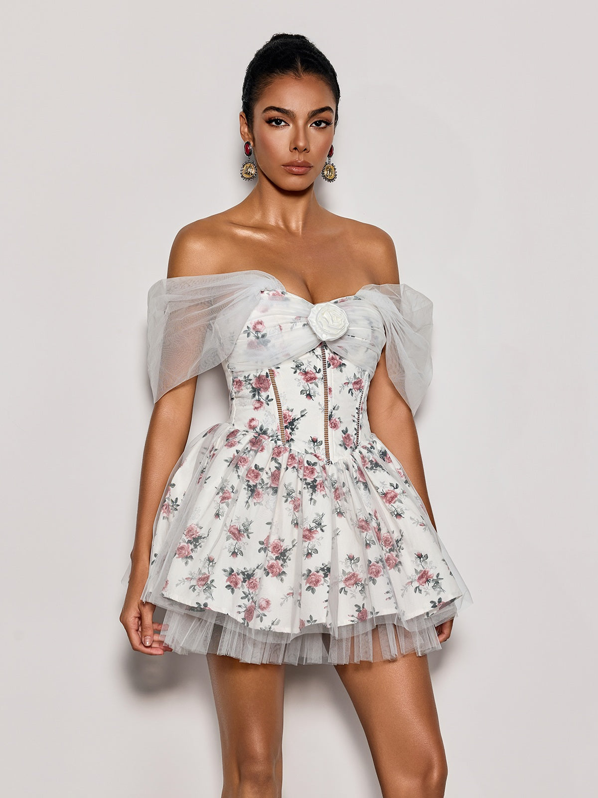 OFF-SHOULDER FLOWER TULLE MINI DRESS WHITE