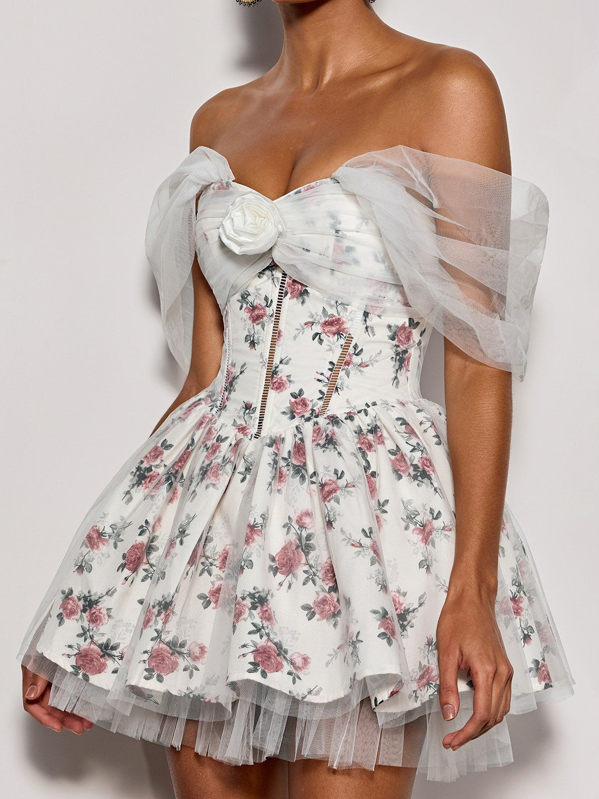 OFF-SHOULDER FLOWER TULLE MINI DRESS WHITE
