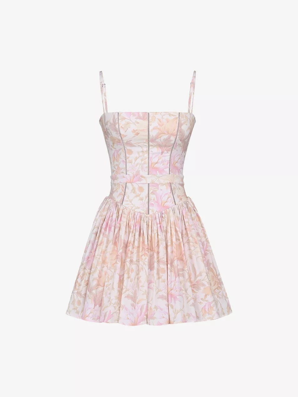 HELEN FLORAL PEACH MINI DRESS - A-LINE COTTON