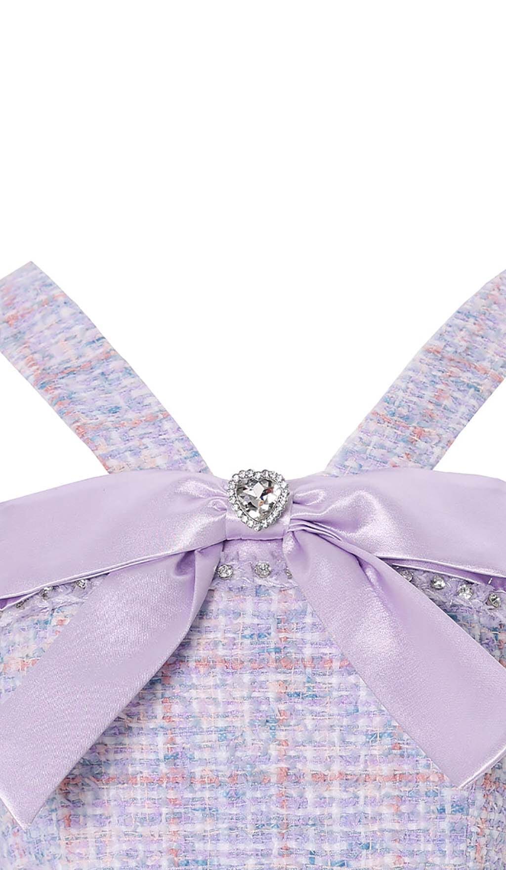BOWTIE TWEED MINI DRESS, LAVENDER COCKTAIL PARTY