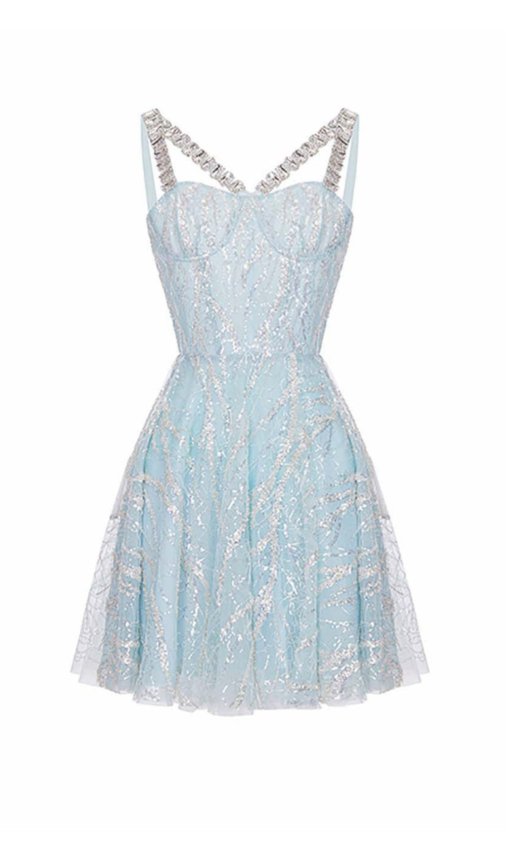RHINESTONE STRAP HEM BLUE COCKTAIL DRESS