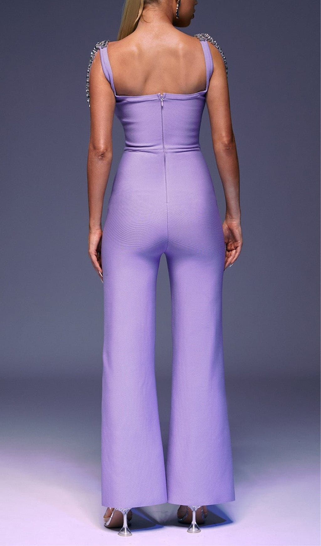 RHINESTONE STRAP PURPLE JUMPSUIT FOR EVENING