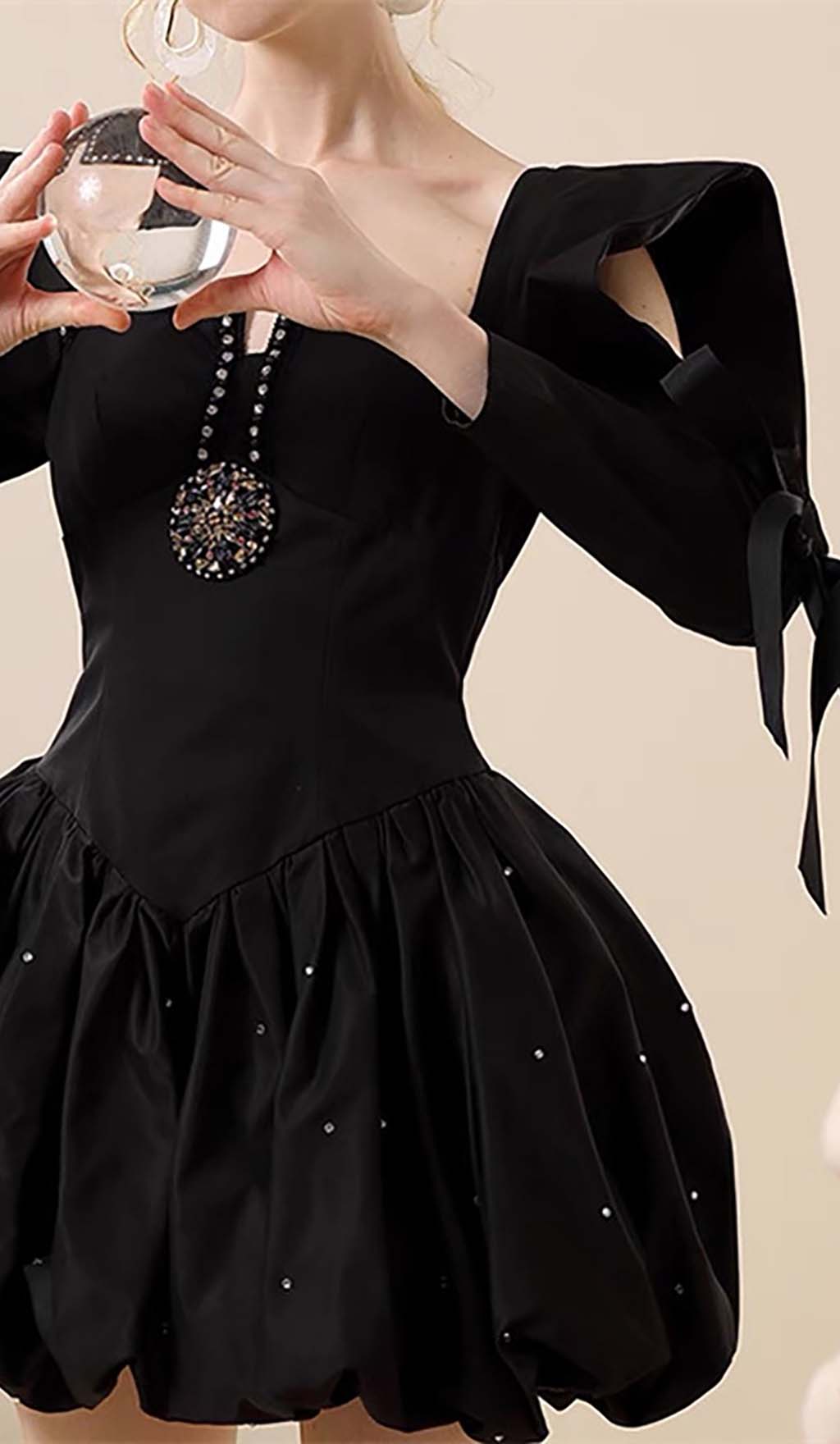 RHINESTONE HEM BLACK MINI DRESS FOR PARTY