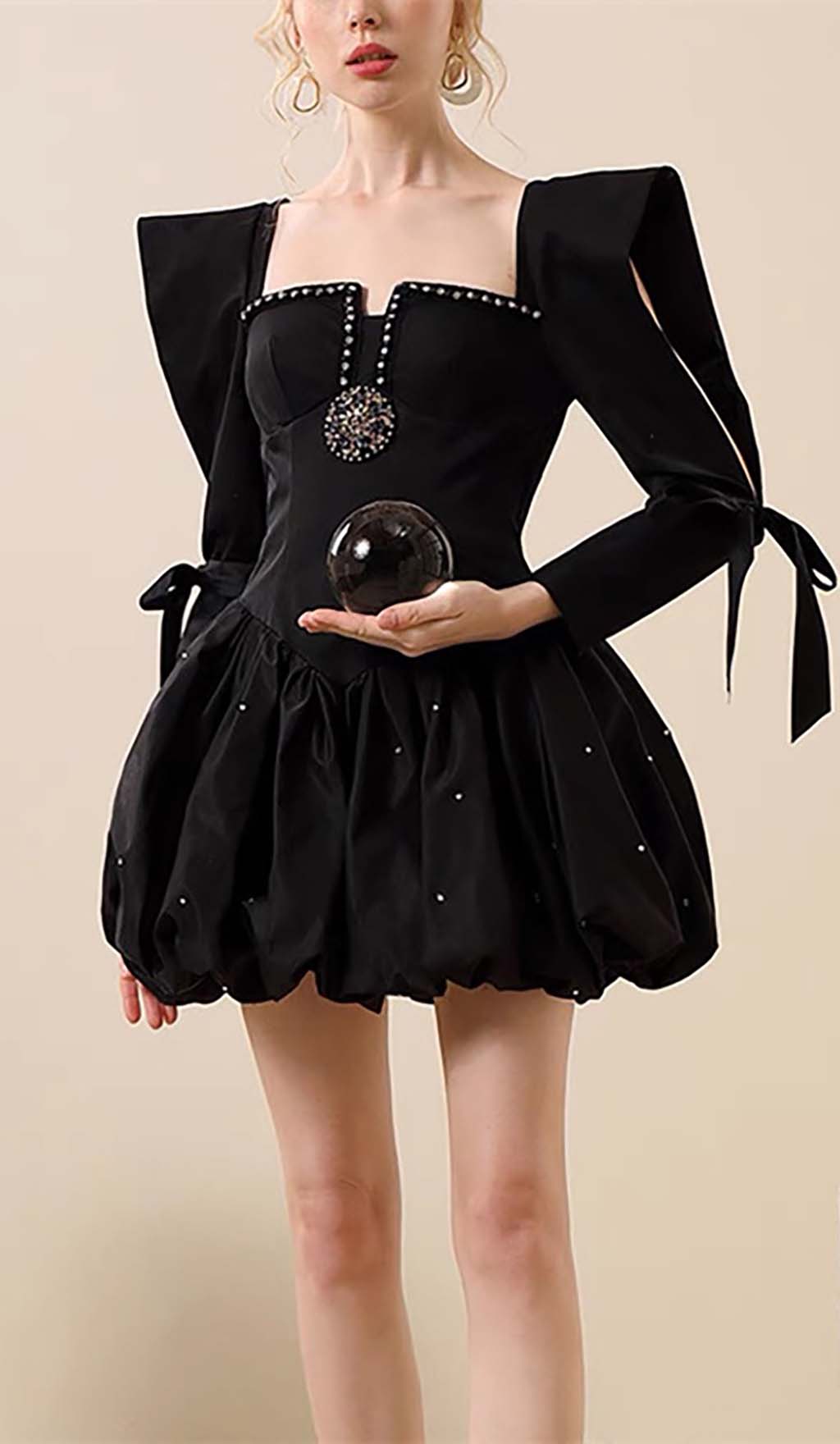 RHINESTONE HEM BLACK MINI DRESS FOR PARTY