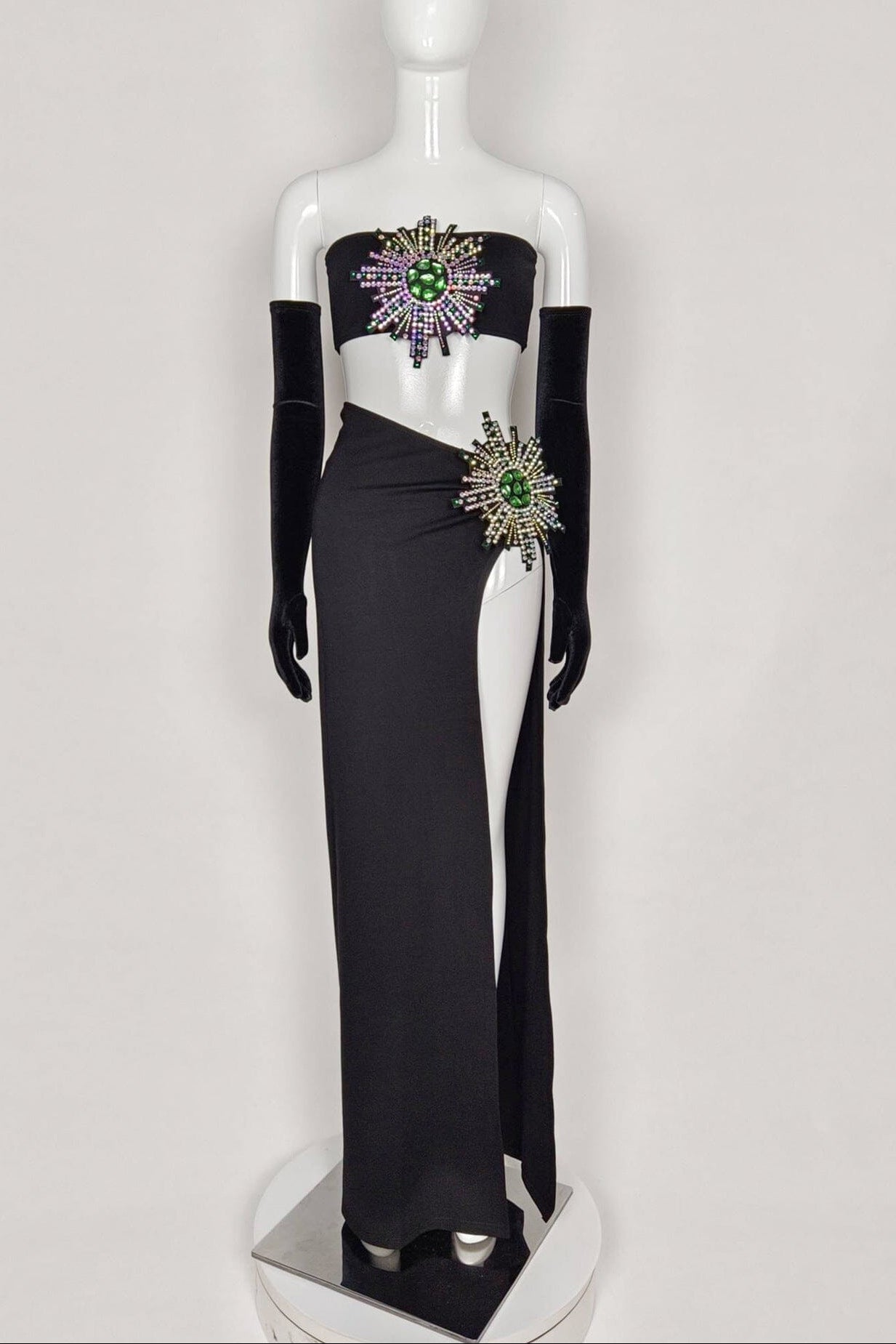 RHINESTONE_HIGH_SPLIT_SKIRT_SET_WITH_GLOVES_Sets RHINESTONE SPLIT SKIRT SET W/ GLOVES, PARTY OCCASION