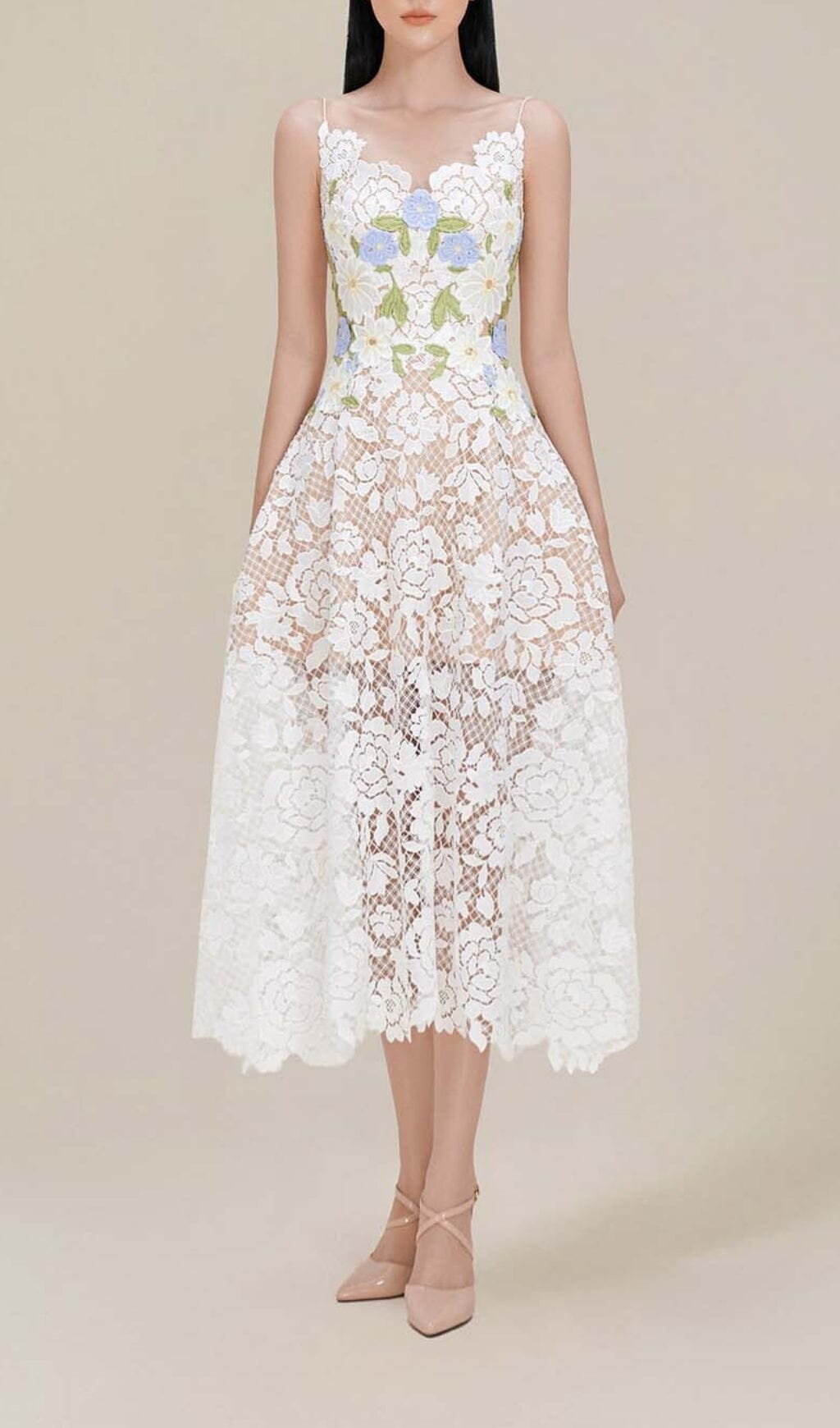 WHITE LACE ROSES A-LINE MIDI DRESS