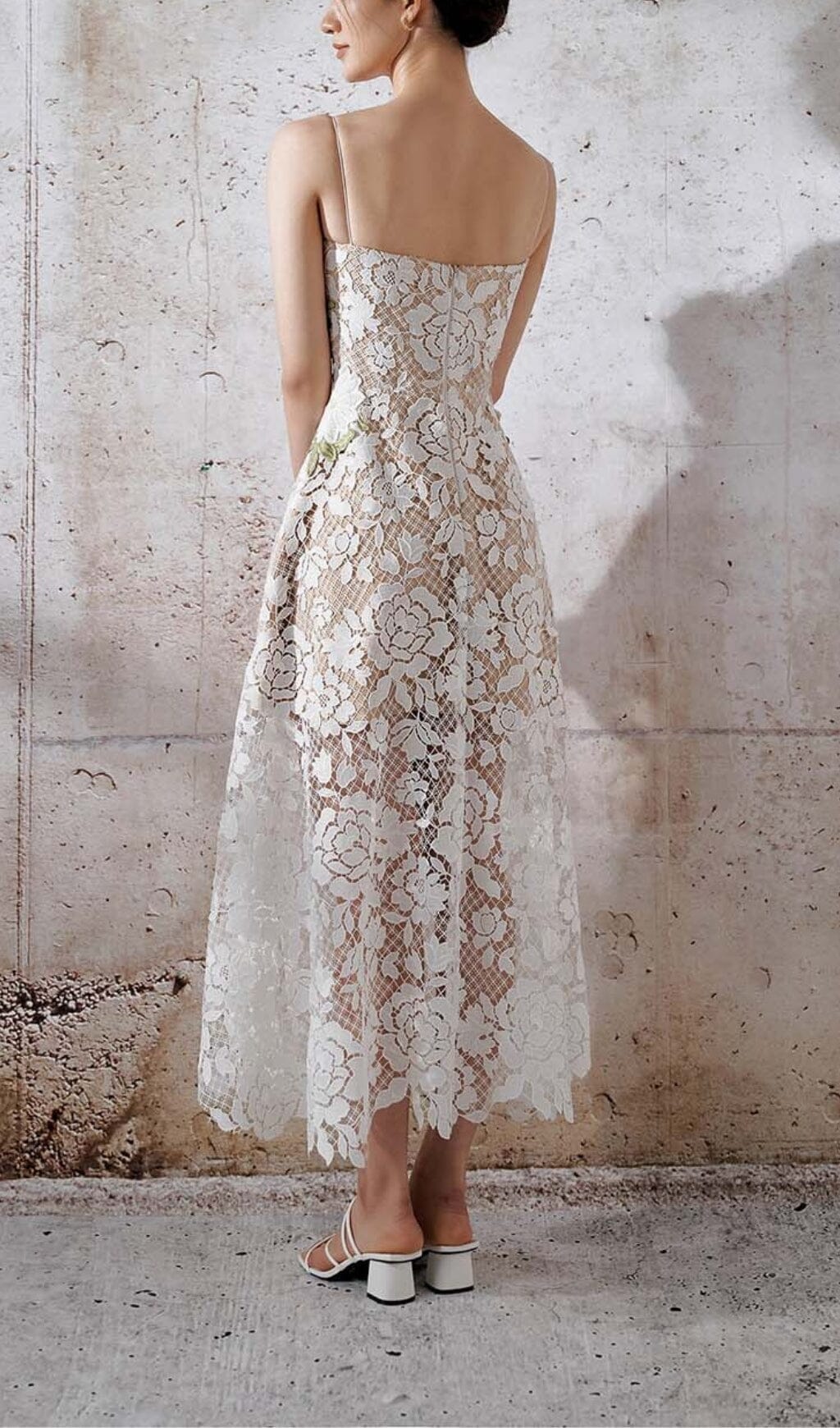 WHITE LACE ROSES A-LINE MIDI DRESS