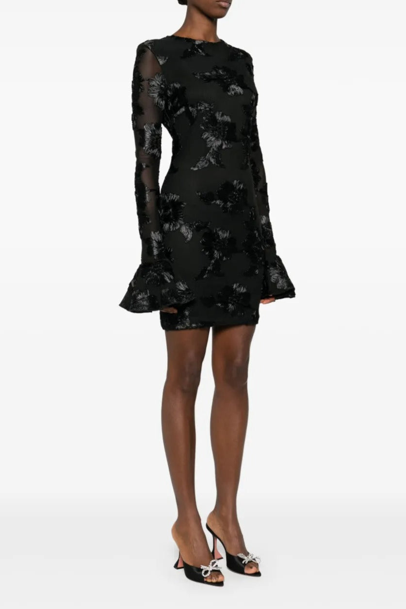 FLORAL MESH MINI DRESS, BLACK EMBROIDERED COCKTAIL