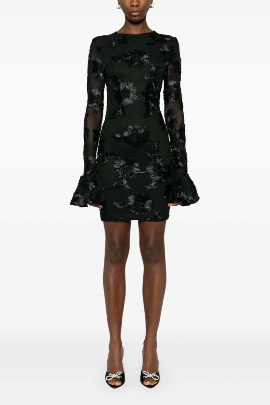 FLORAL MESH MINI DRESS, BLACK EMBROIDERED COCKTAIL