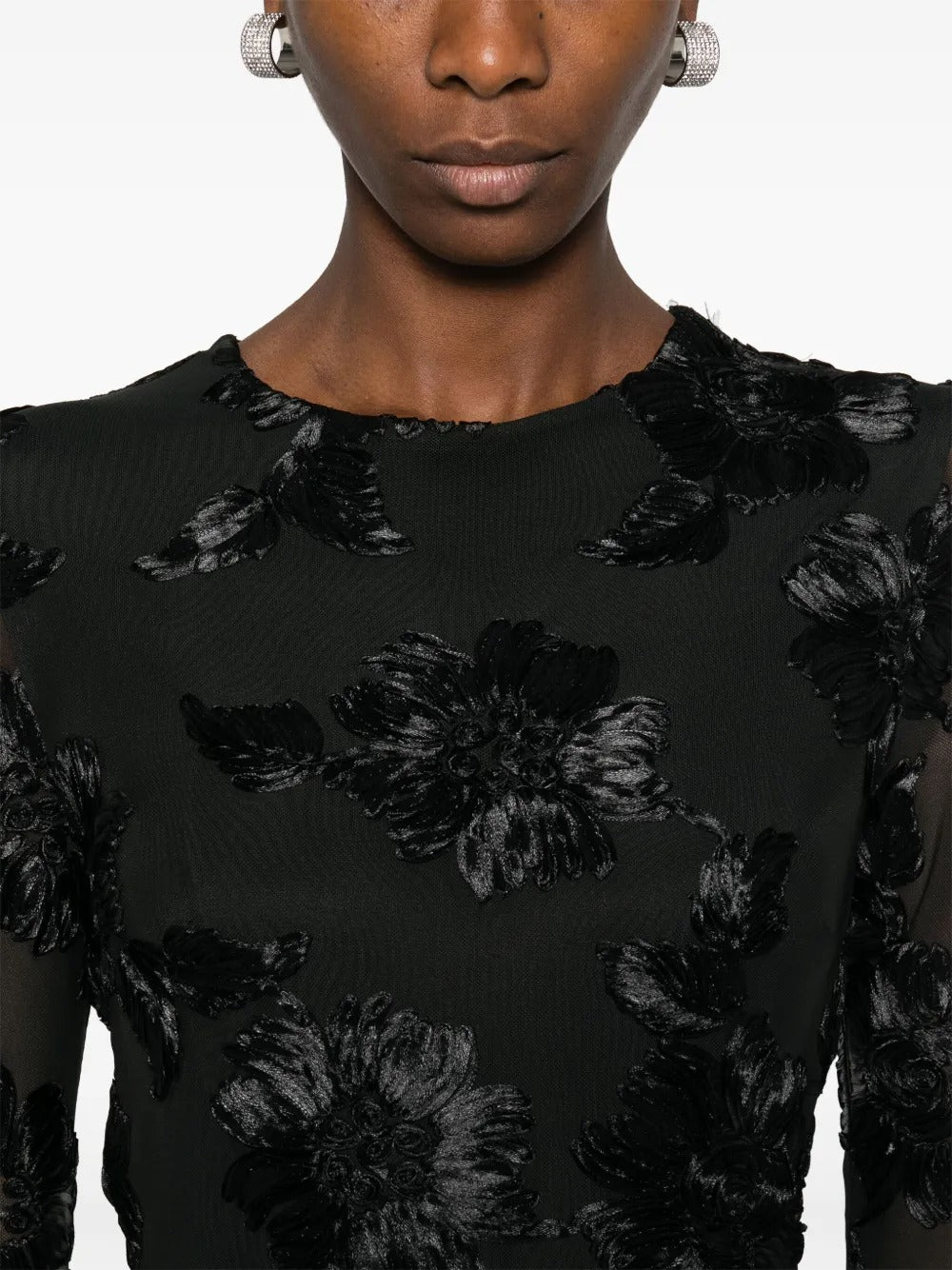 FLORAL MESH MINI DRESS, BLACK EMBROIDERED COCKTAIL