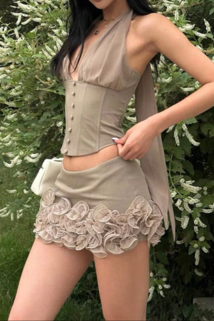 FLOWER EMBELLISHED KHAKI MINI SKIRT FOR PARTY