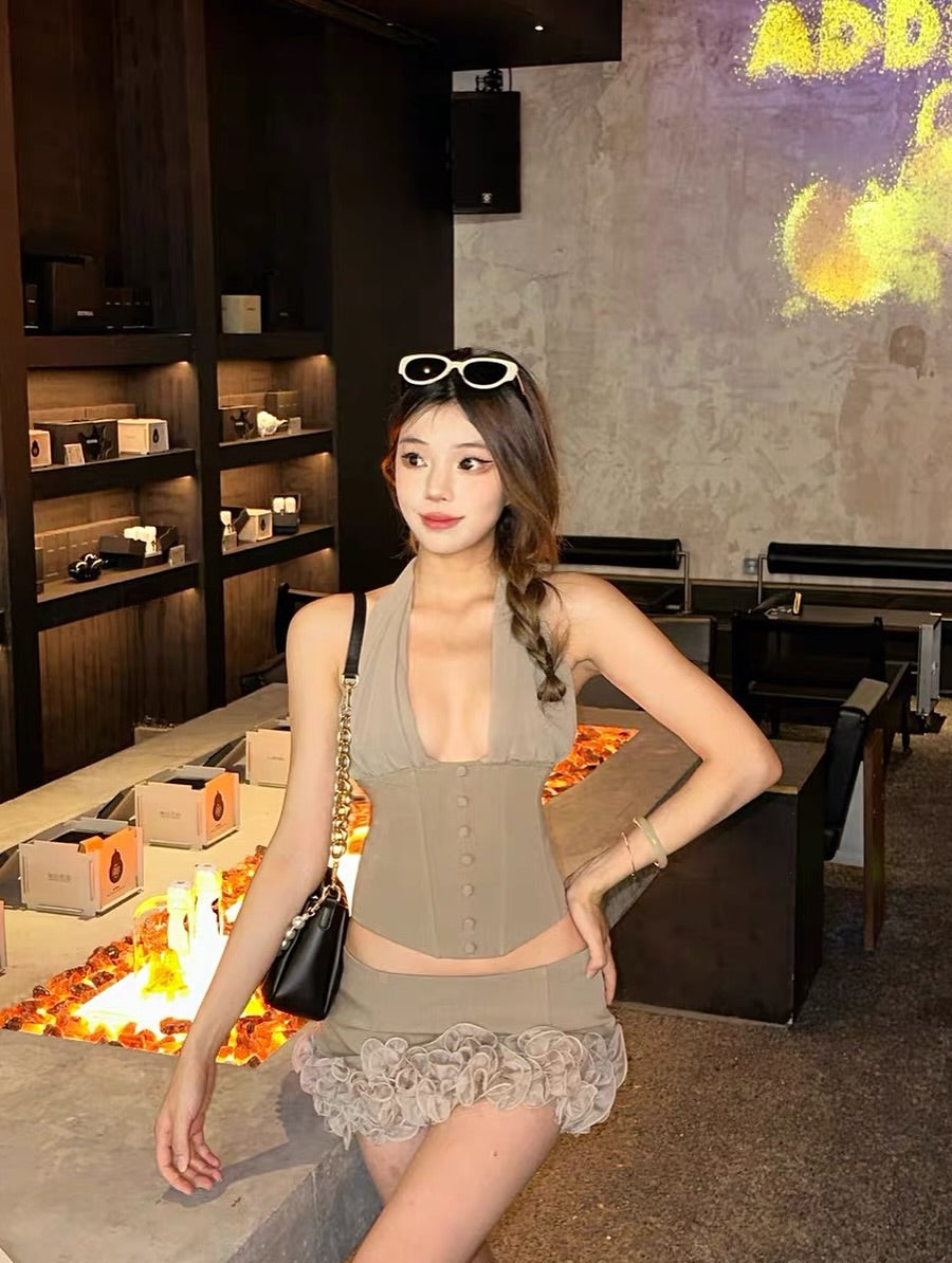 FLOWER EMBELLISHED KHAKI MINI SKIRT FOR PARTY