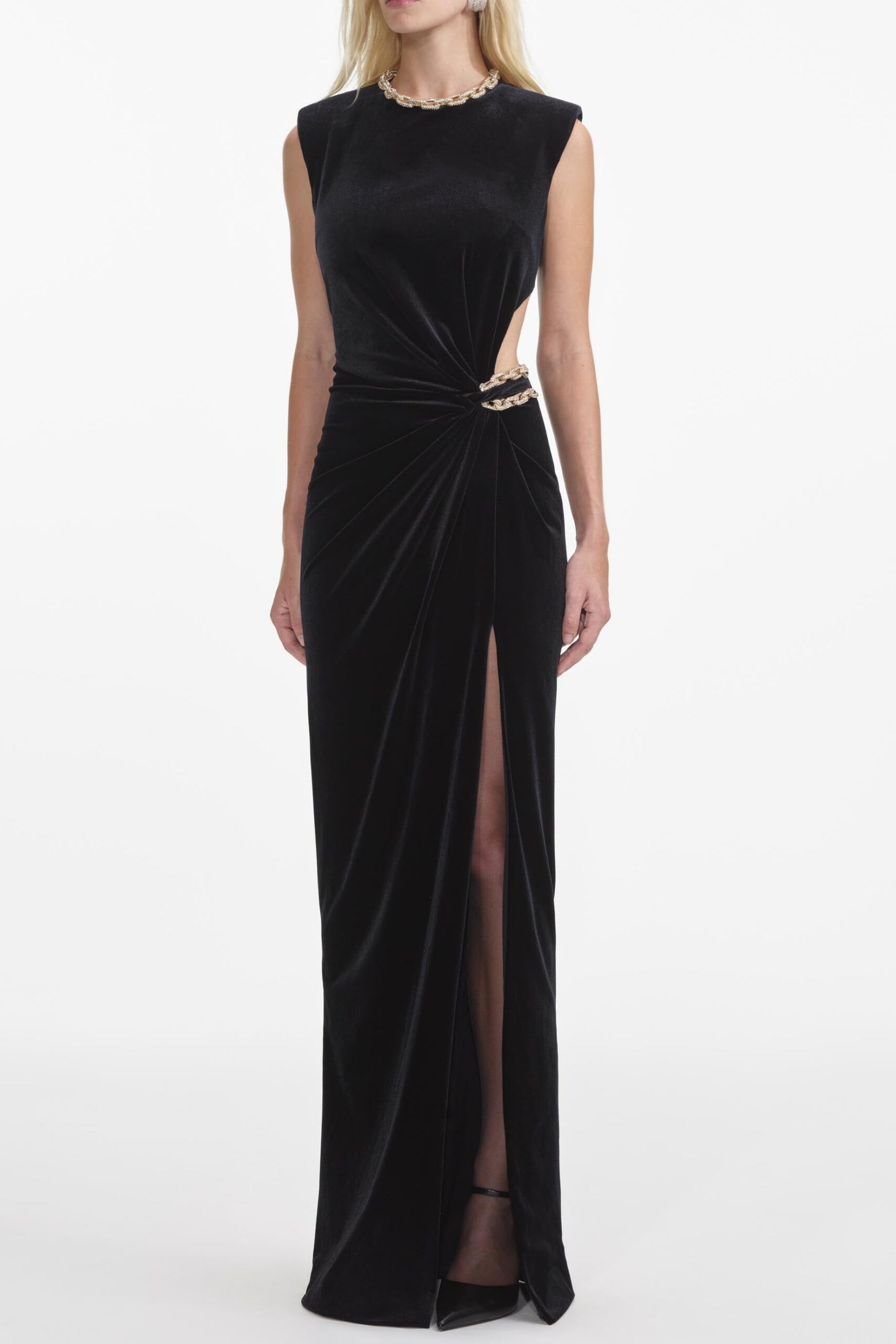 JOA BLACK VELVET EMBELLISHED MAXI DRESS