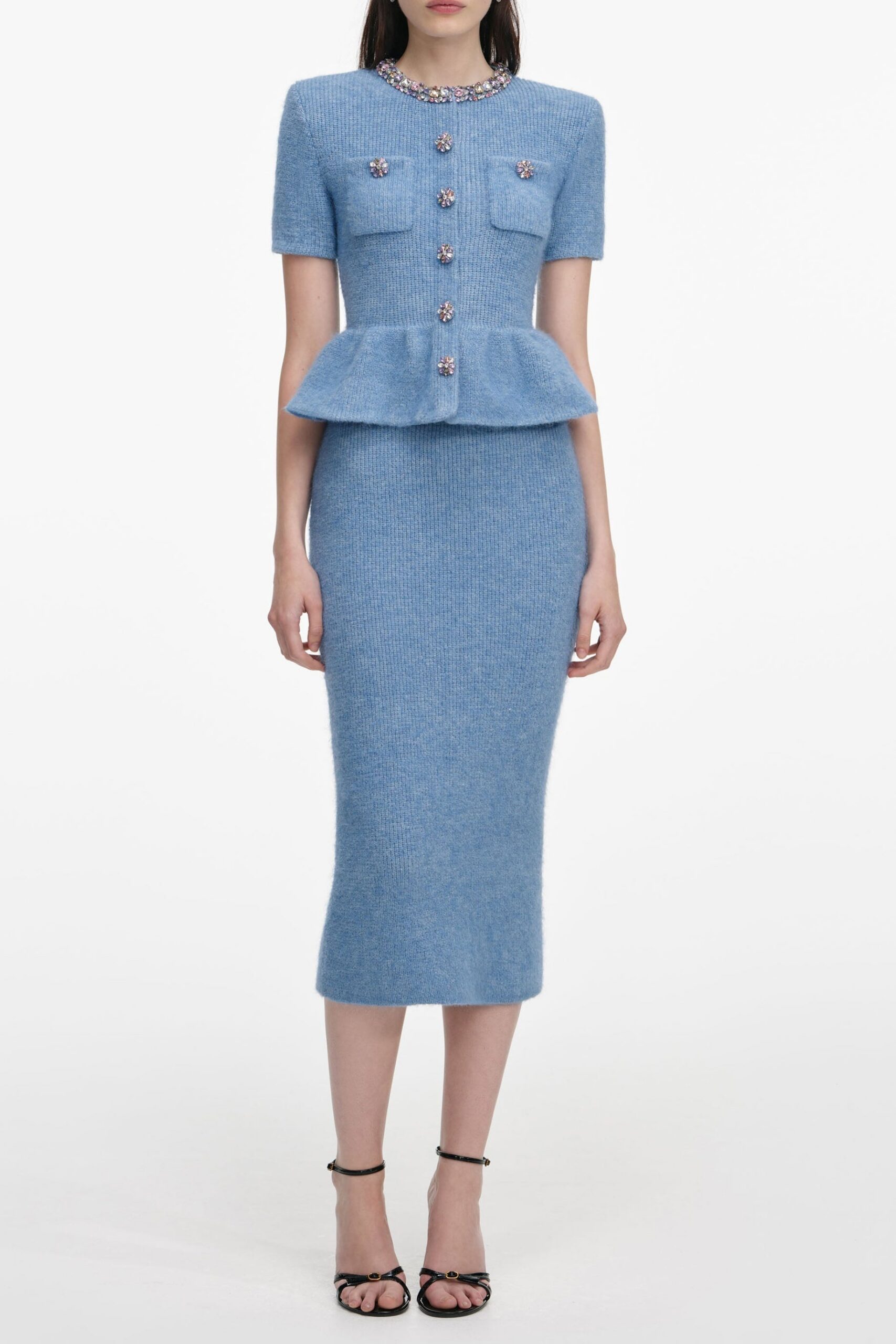KIMBERLY RHINESTONE PEPLUM MIDI DRESS, BLUE EVENING