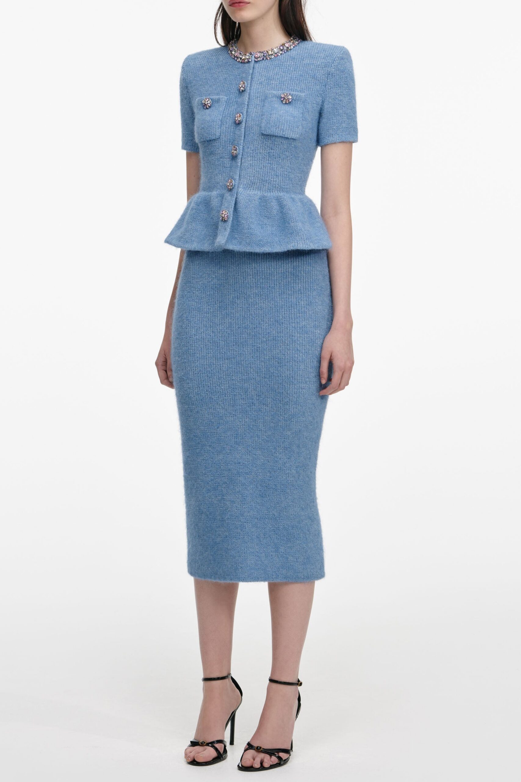 KIMBERLY RHINESTONE PEPLUM MIDI DRESS, BLUE EVENING