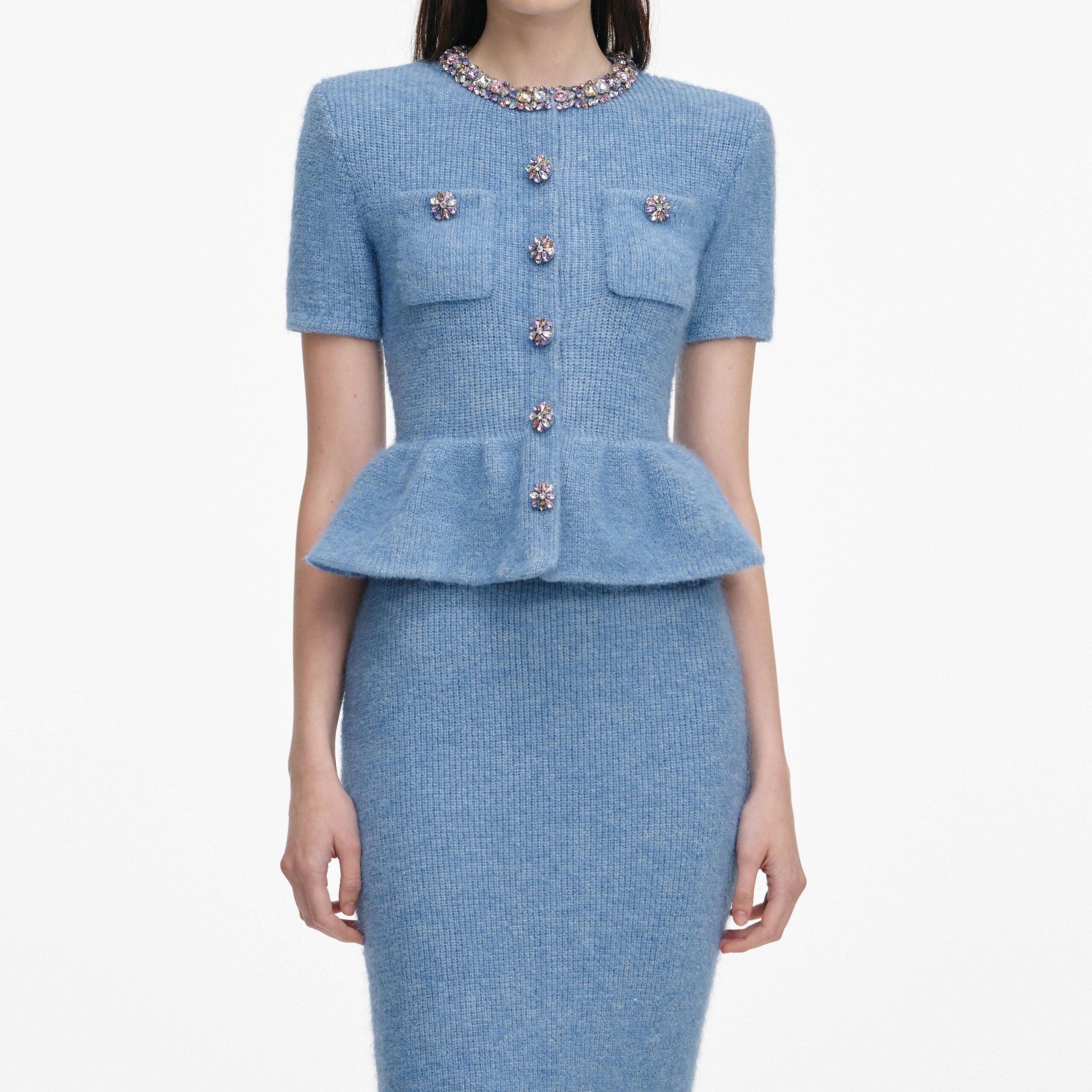 KIMBERLY RHINESTONE PEPLUM MIDI DRESS, BLUE EVENING