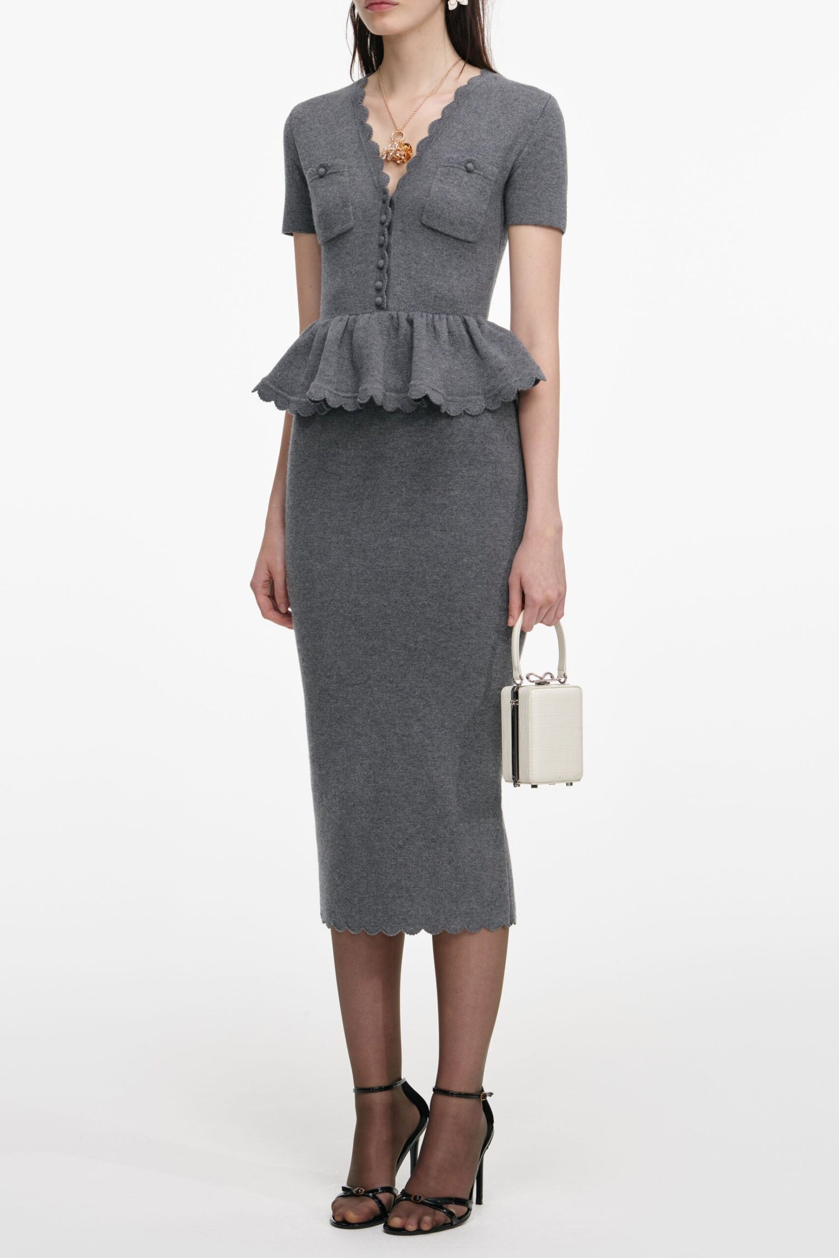 MANDY V-NECK PEPLUM KNIT MIDI DRESS GREY