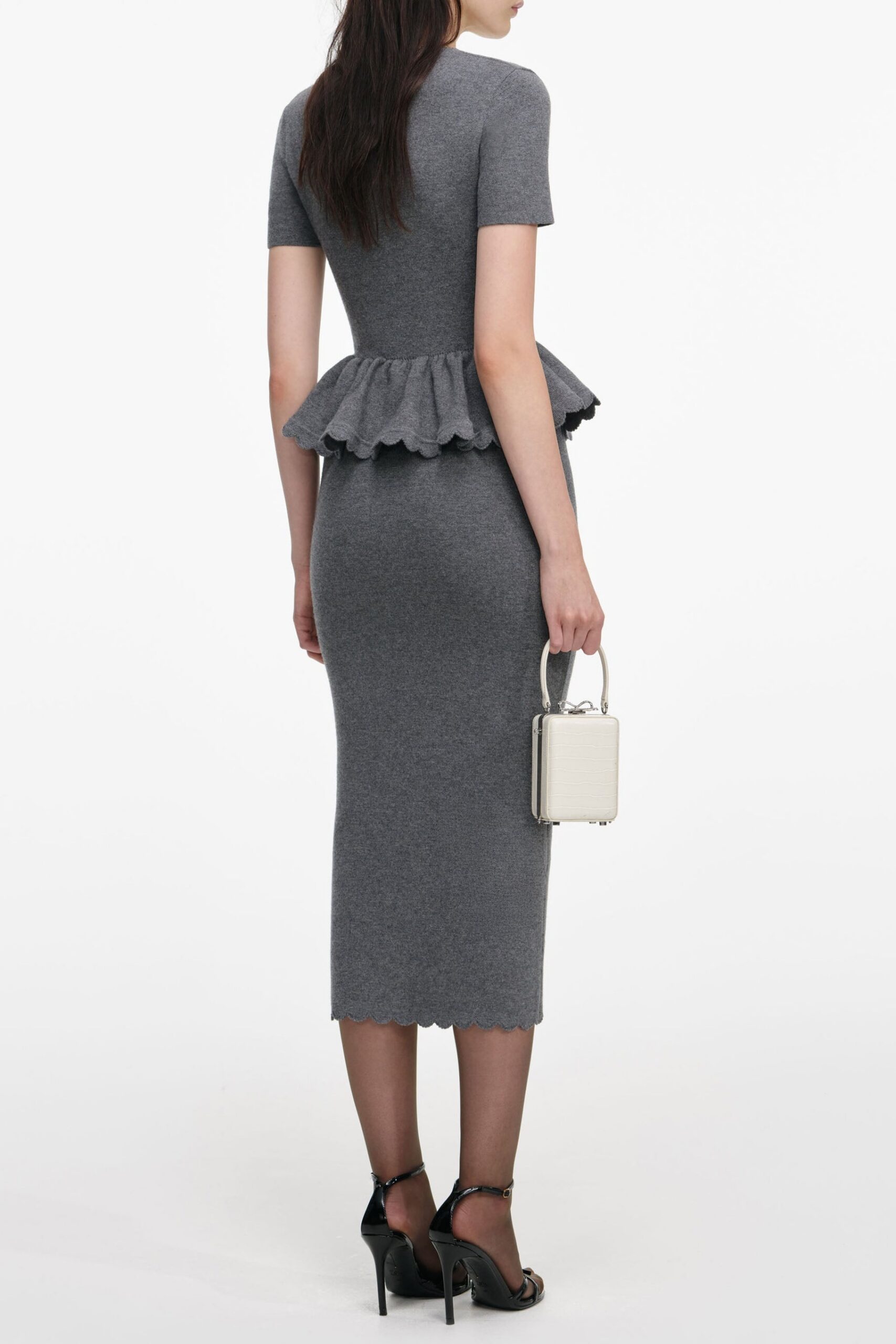 MANDY V-NECK PEPLUM KNIT MIDI DRESS GREY