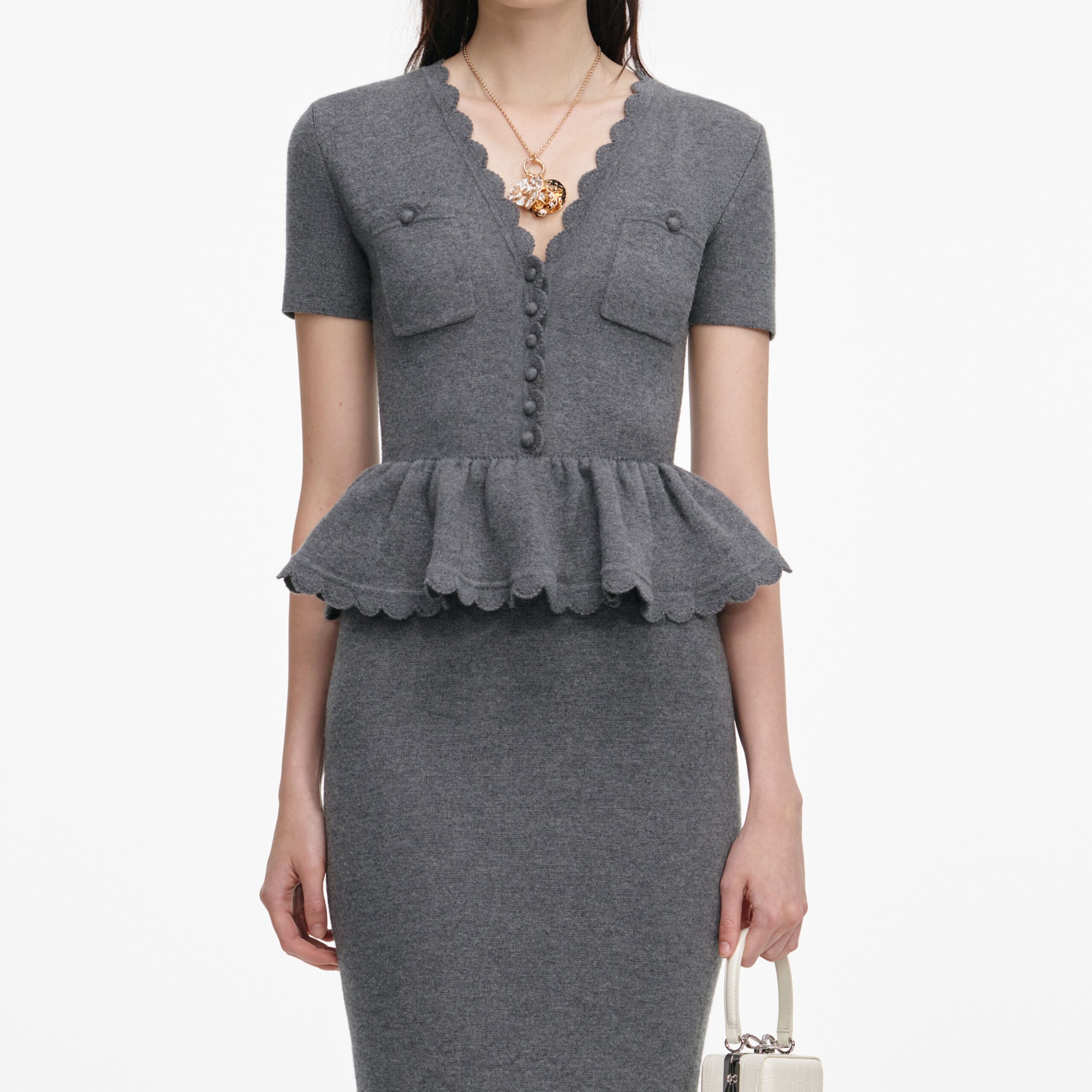 MANDY V-NECK PEPLUM KNIT MIDI DRESS GREY