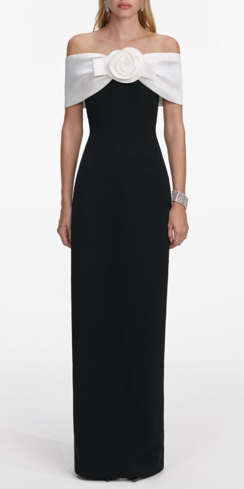 sandra off-shoulder 3d flower maxi dress in black sandra off-shoulder 3d flower maxi dress in black