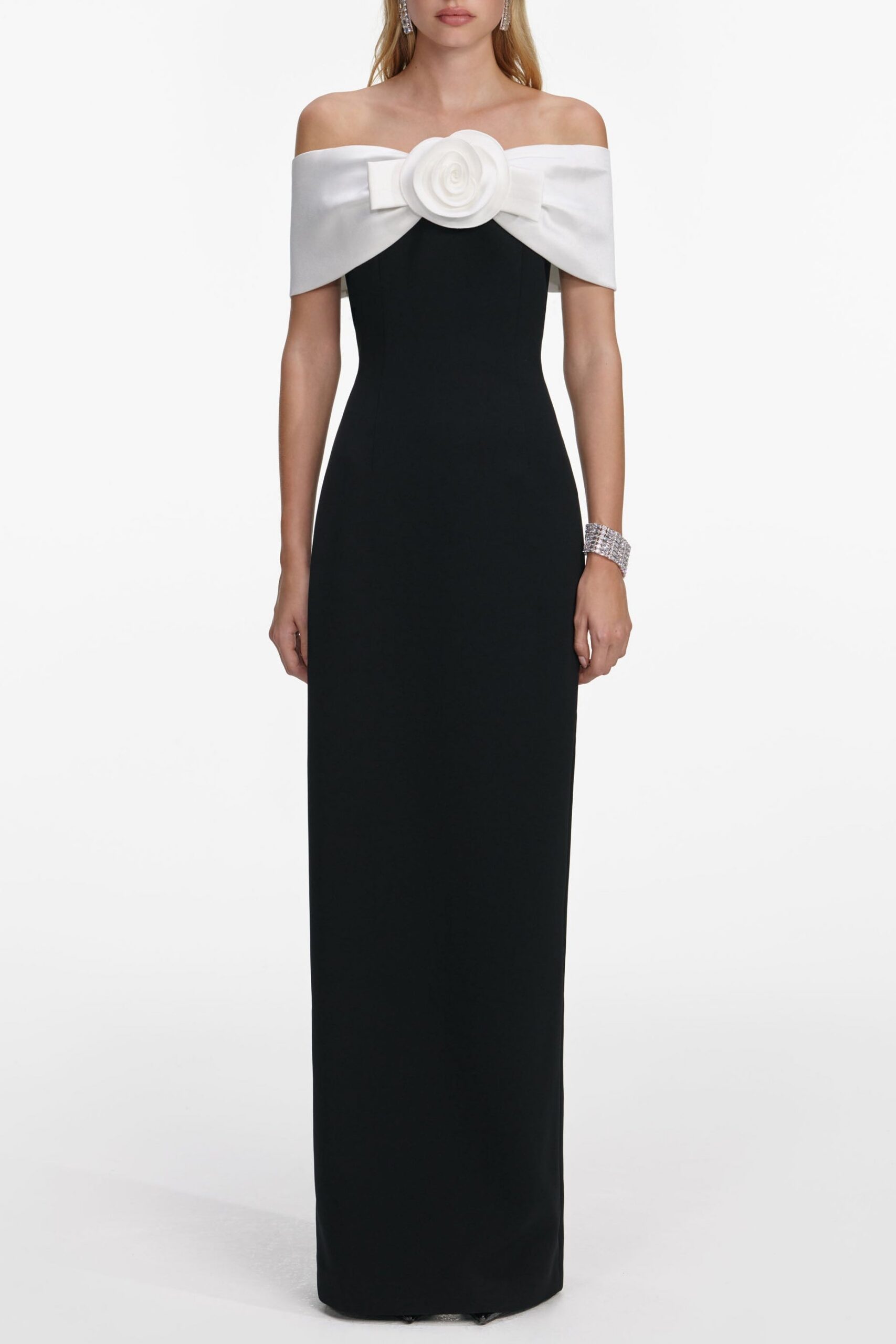sandra off-shoulder 3d flower maxi dress in black