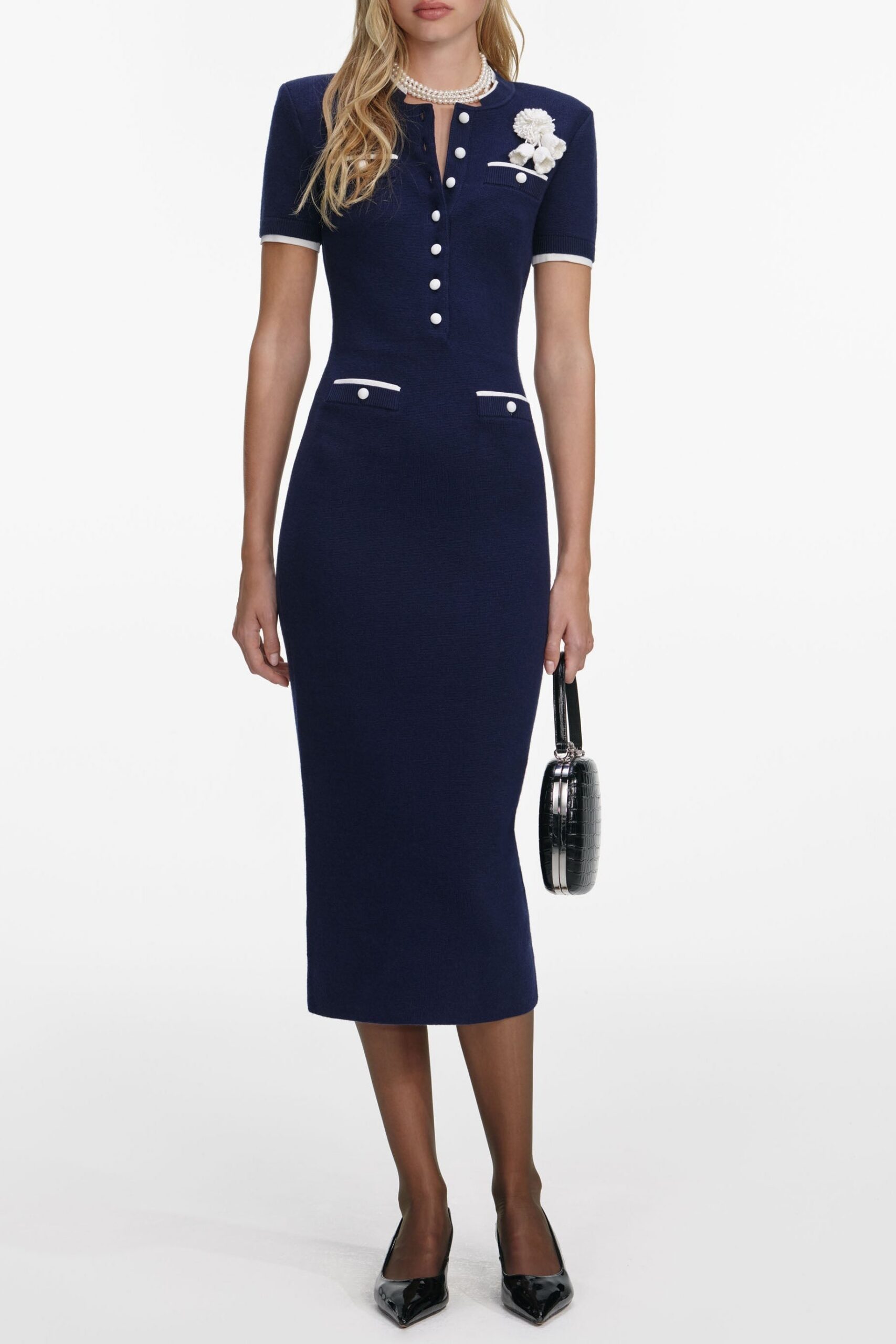 ZENOBIA NAVY CROCHET FLOWER KNIT MIDI DRESS