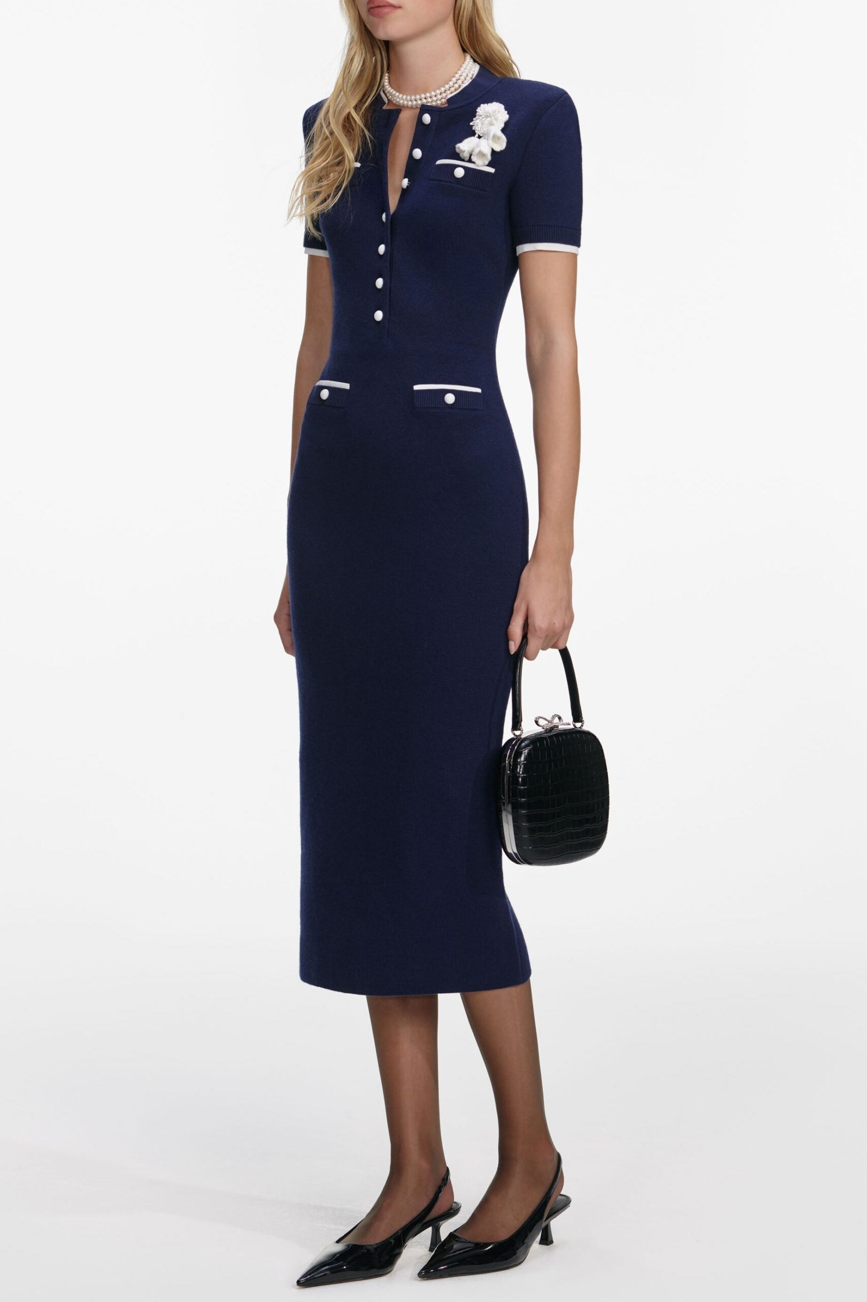 ZENOBIA NAVY CROCHET FLOWER KNIT MIDI DRESS