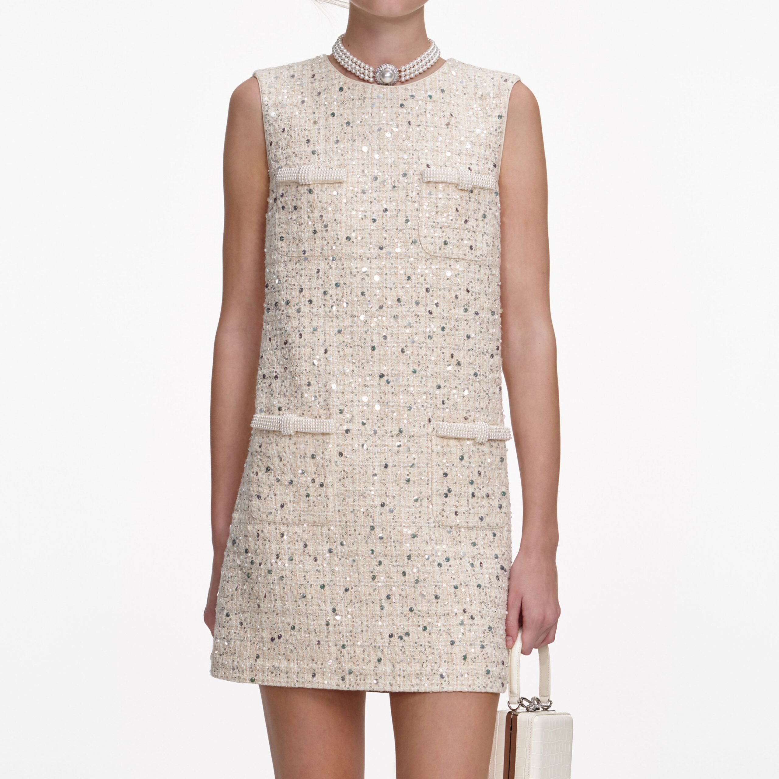 LILLIAN CREAM EMBELLISHED BOUCLE MINI DRESS