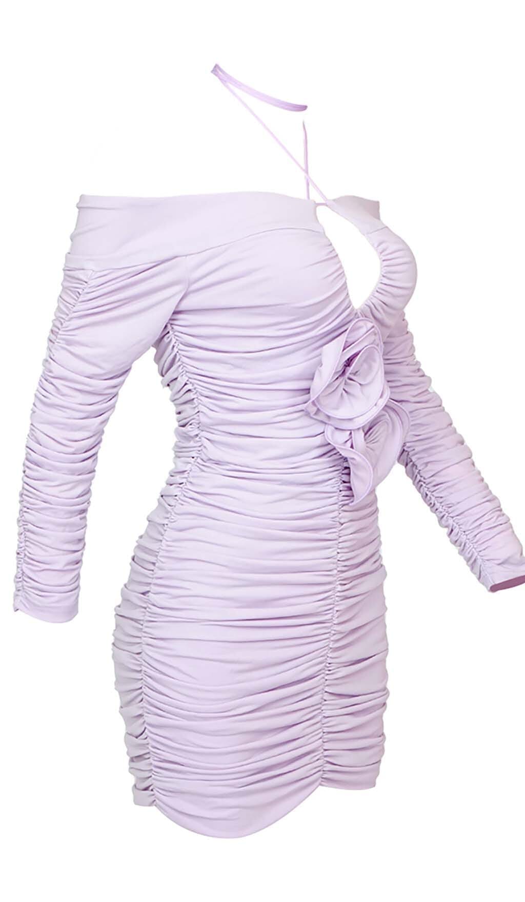 RUCHED OFF-SHOULDER LILAC MINI DRESS