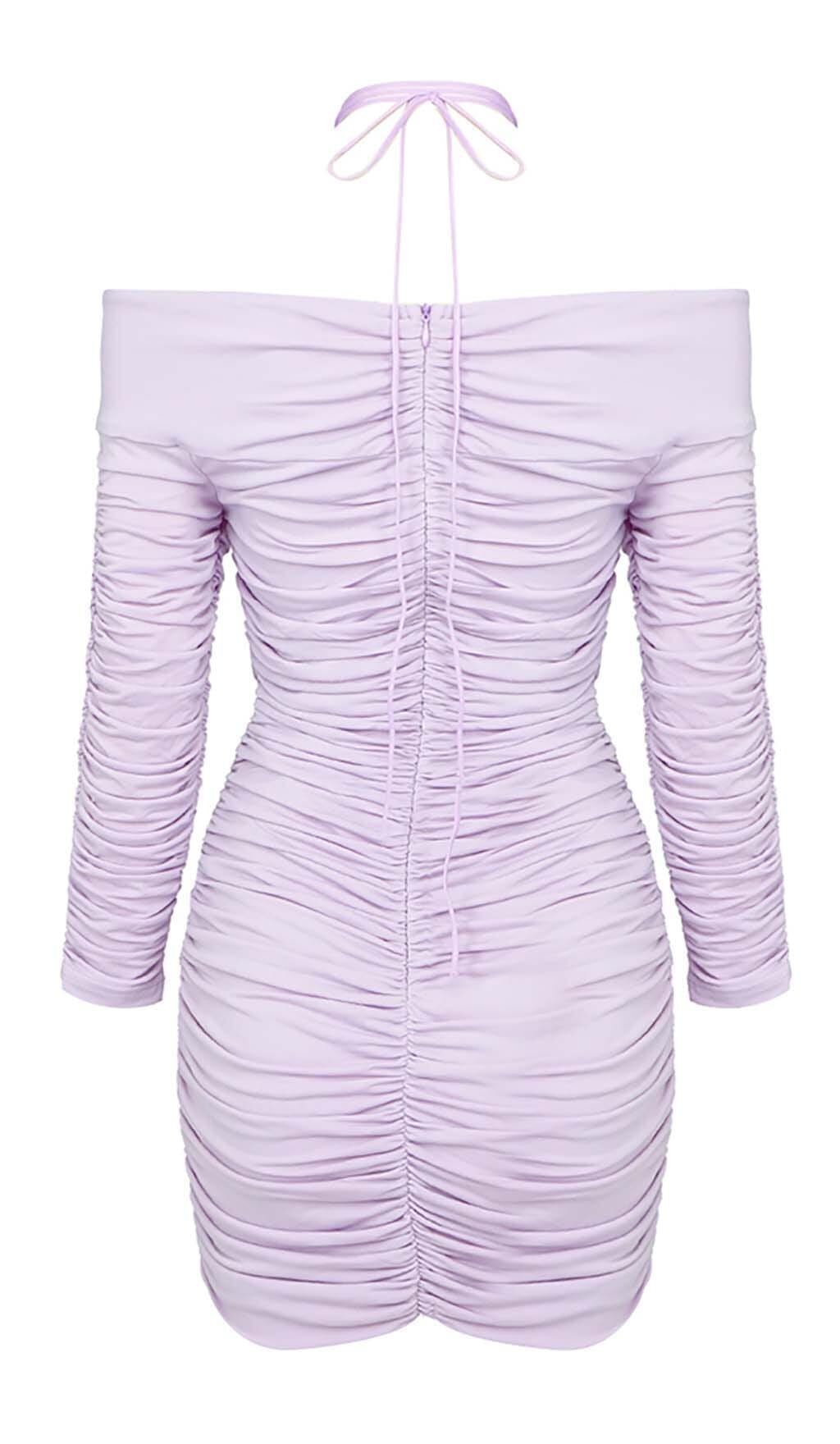 RUCHED OFF-SHOULDER LILAC MINI DRESS